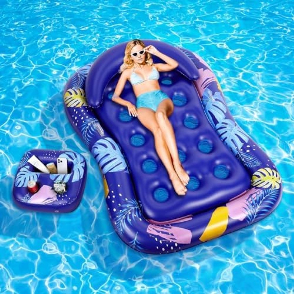 Opblaasbare zwembadmatras voor volwassenen met hoofdsteun en bekerhouders - Donkerblauw - 185 x 127 cm - Drijfligstoel voor zwembad, meer, strand en zomeractiviteiten