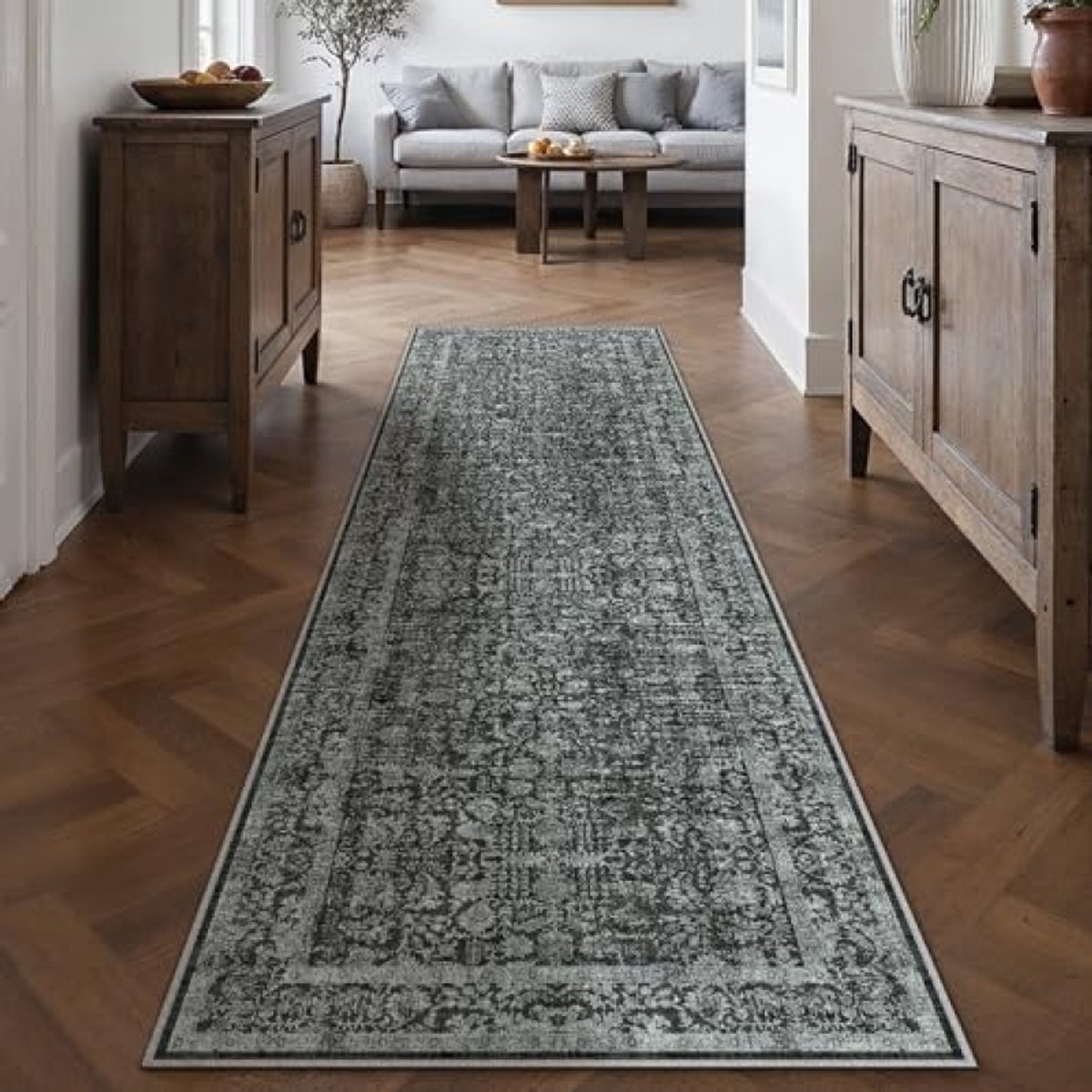 Vintage Loper Tapijt Gang Zwart Vloerkleed Lange 60x240cm Antislip Machinewasbaar Kortpolige Carpet voor Keuken Woonkamer Wasruimte