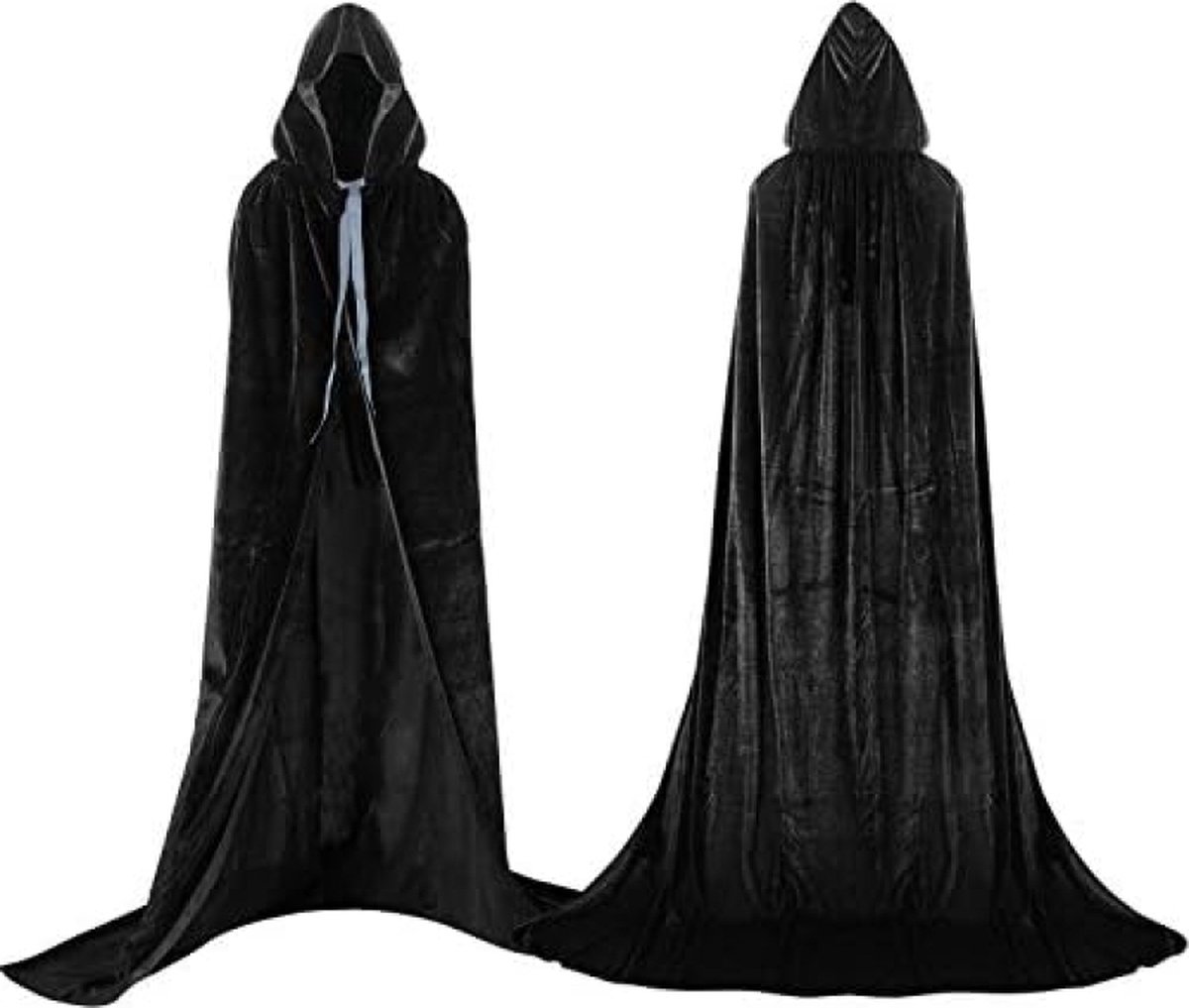 Zwarte Lange fluwelen cape met capuchon Unisex volwassen kostuum Halloween 130cm