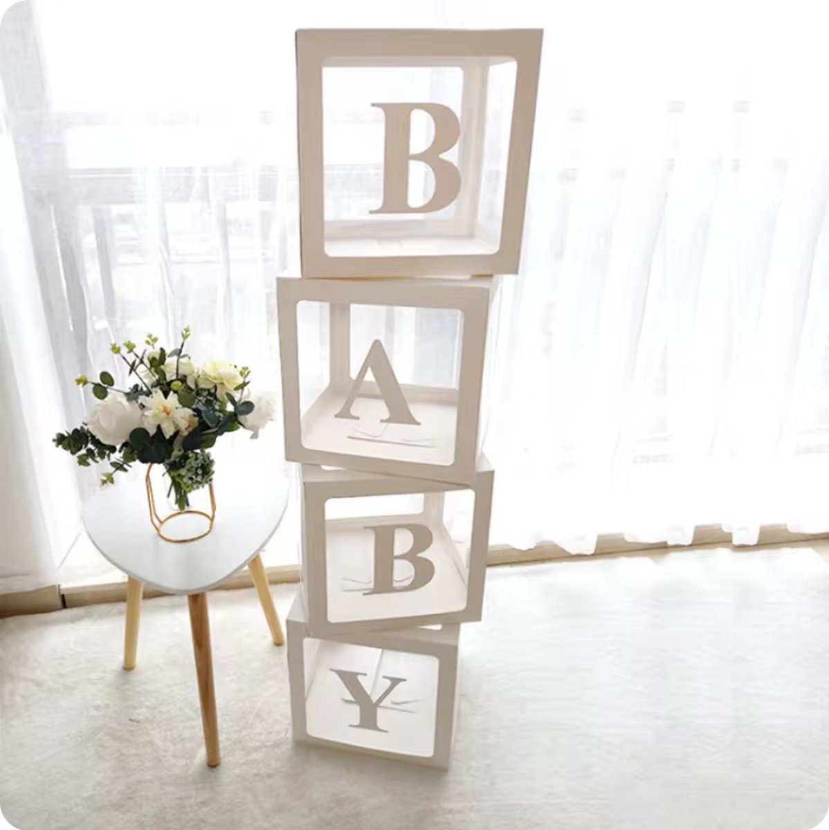Baby Letterboxen - Letters: BABY - 4 stuks - Babyshower / Newborn Baby Party Boxen - Kraamperiode - Babyshower & Genderreveal - Geslacht Bekendmaken - Baby Letterdozen - 25 x 25 cm - Hoge Kwaliteit - Ballon Doos Jongen & Meisje