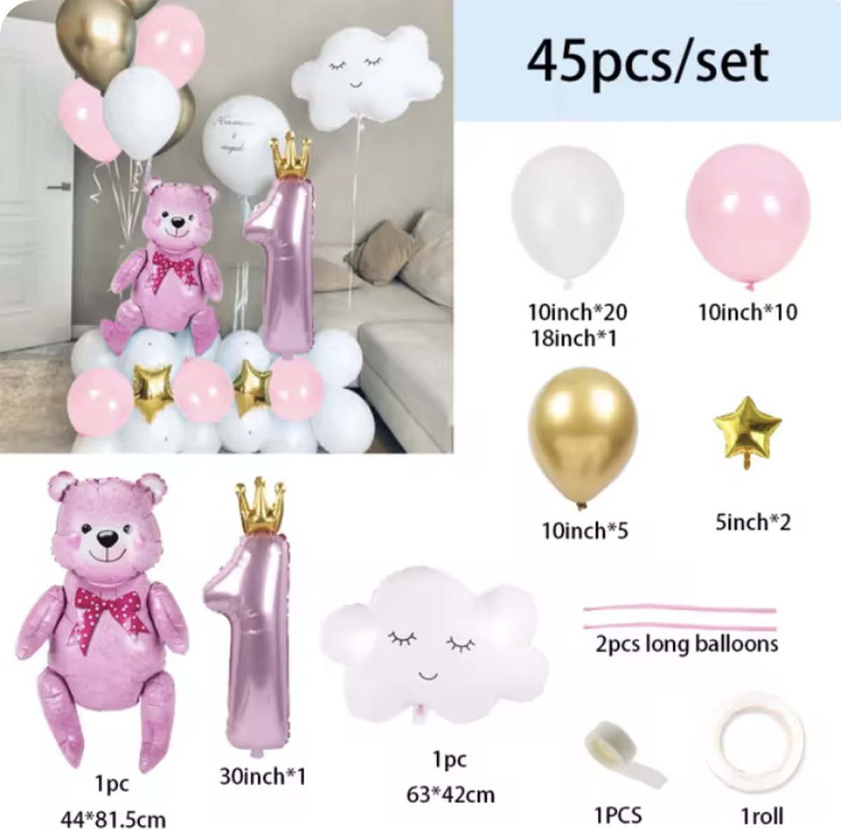 Ballonnenset Baby Beer - Kleur: Roze - 45 Stuks - Feestpakket Baby 1 Jaar - Eerste Verjaardag - Ballonnen Pakket - Verjaardag Versiering - Feestversiering voor Baby - Meisje Verjaardag - Eerste Verjaardag - Hoera 1 Jaar - Teddybeer Versiering