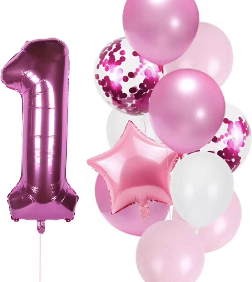 Ballonnenset Roze - Leeftijd: 1 Jaar - 12 stuks - Roze Ballonnen - Leeftijdballon / Folieballon - Feestpakket - Verjaardag Versiering - Roze Ballonnen Set - Kinderfeestje - Roze Feestje - Compleet Pakket - Hoge Kwaliteit - Balloons Birthday Pink