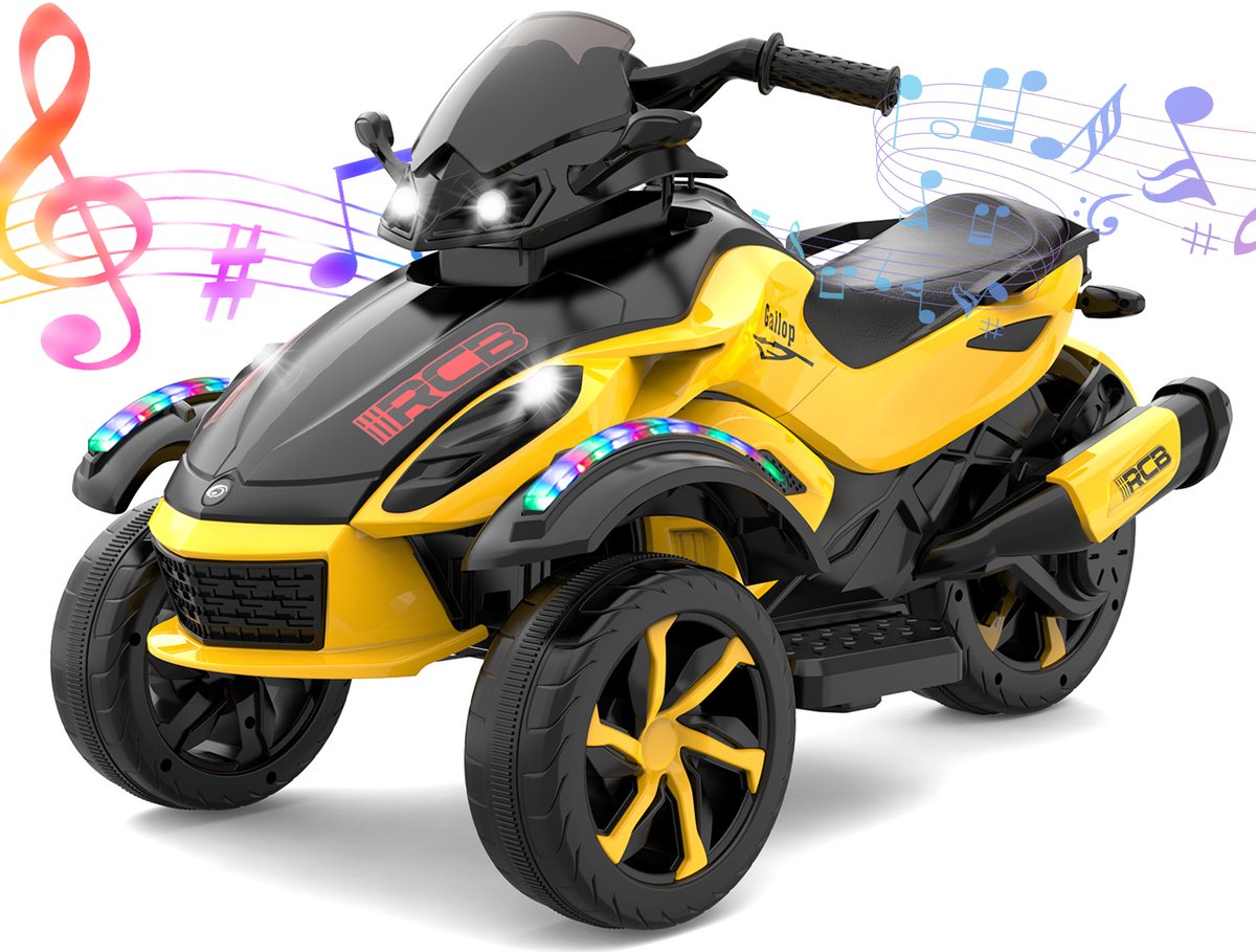 RCB Kinderquad RM2 – Elektrische 3-Wiel Kindermotor – 12V – Compact Model – 7 Inch Wielen – Met Muziek & LED Verlichting – Geel– Vanaf 3 Jaar