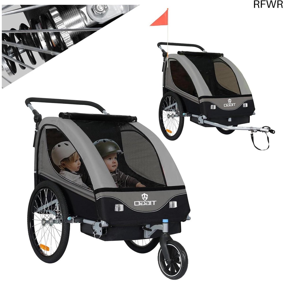  ® 2-in-1 Kinderaanhanger en Kinderwagen met Vering - Draaibaar voor 1 of 2 Kinderen, Grijs