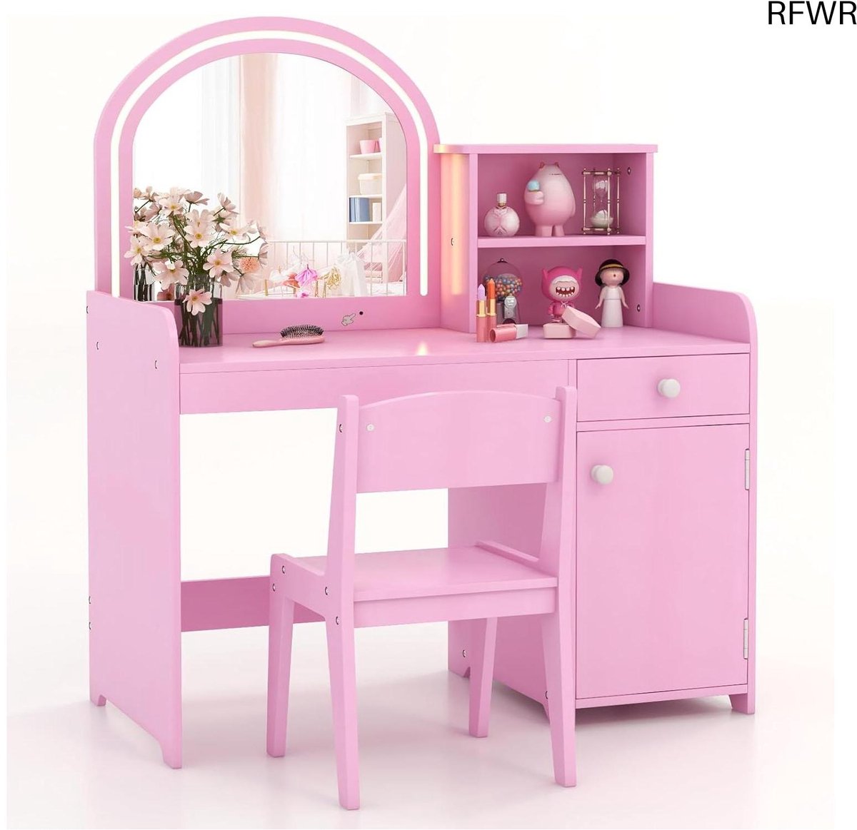 RFWR® 2-in-1 Make-uptafel en Bureau voor Kinderen met LED Spiegel en Opbergruimte