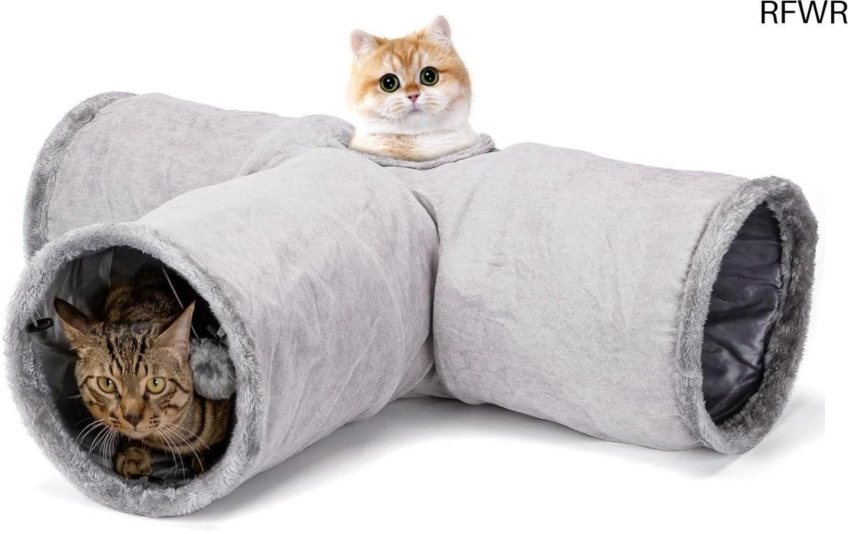 RFWR® 3-Weg Kattentunnel voor Binnen met Hangende Bal - Speelgoed voor Katten, Fretten en Konijnen