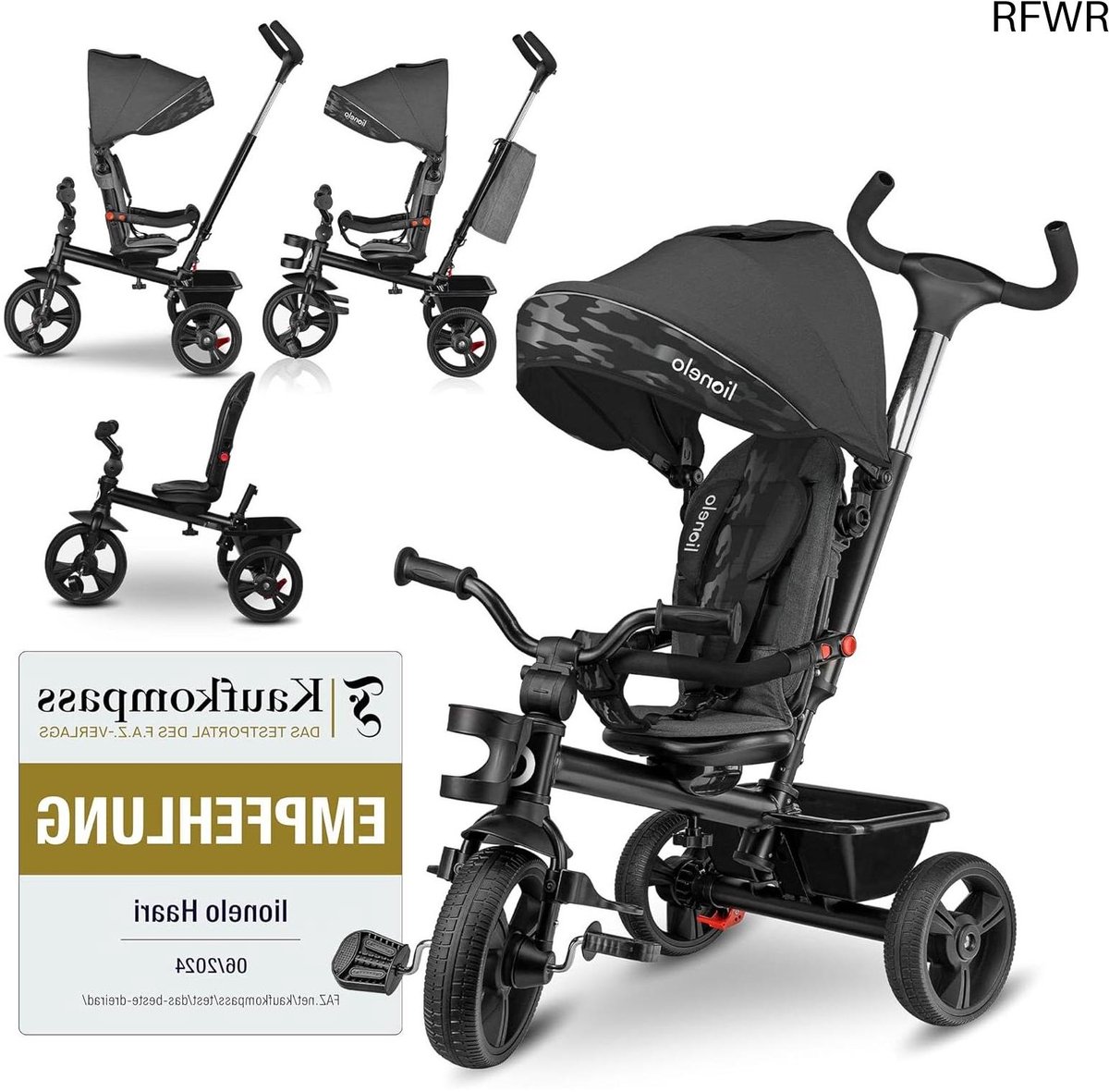 RFWR® 4-in-1 Driewieler voor Kinderen - Draaibare Zitting, Verstelbaar Ouderhandvat, Uitklapbaar Zonnedak, Inclusief Drankhouder en Mand