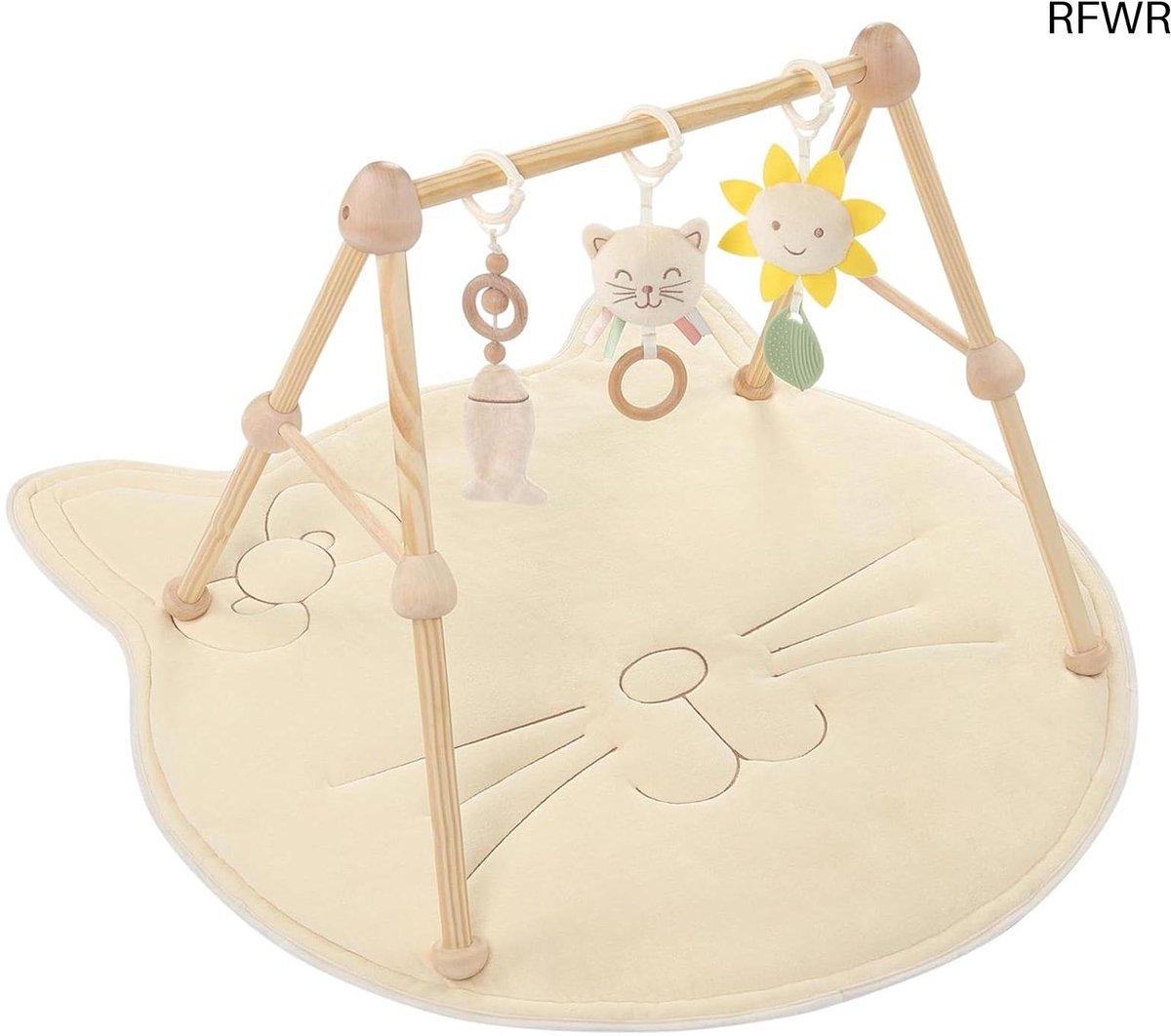 RFWR® 4-in-1 Kattenspeelboog en Speelmat voor Babys met Houten Activiteitspunt en Verwijderbare Speelgoed