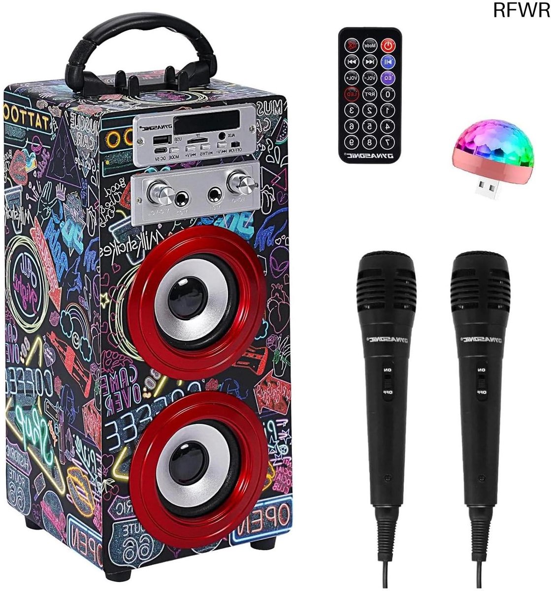 RFWR® Draagbare Karaoke Machine met 2 Microfoons voor Kinderen - Bluetooth, USB & LED Verlichting