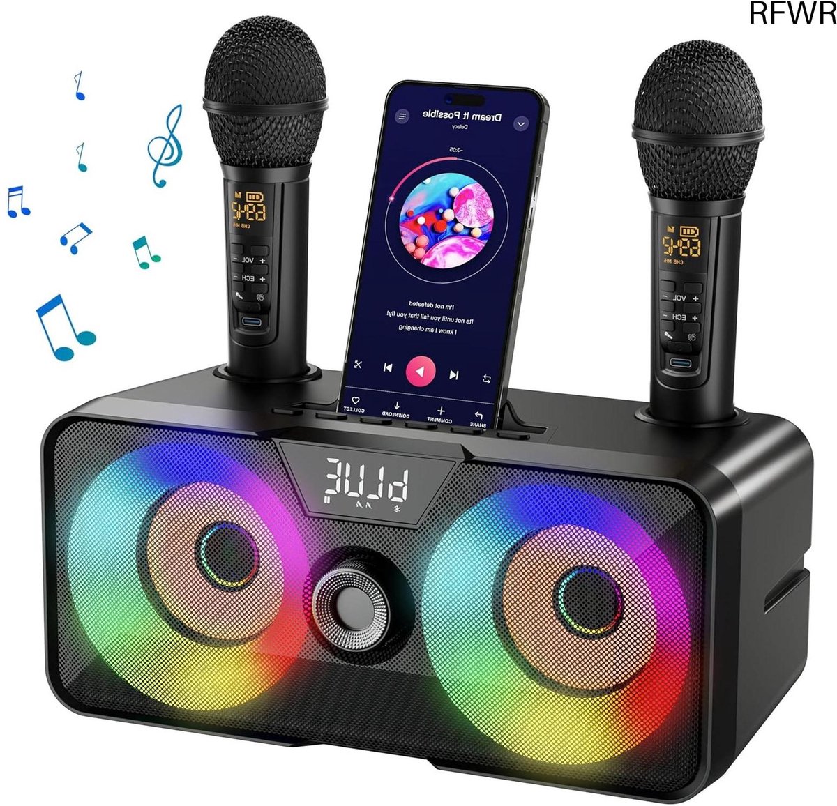 RFWR® Draagbare Karaoke Machine met Draadloze Microfoons en Bluetooth voor Feesten en Evenementen