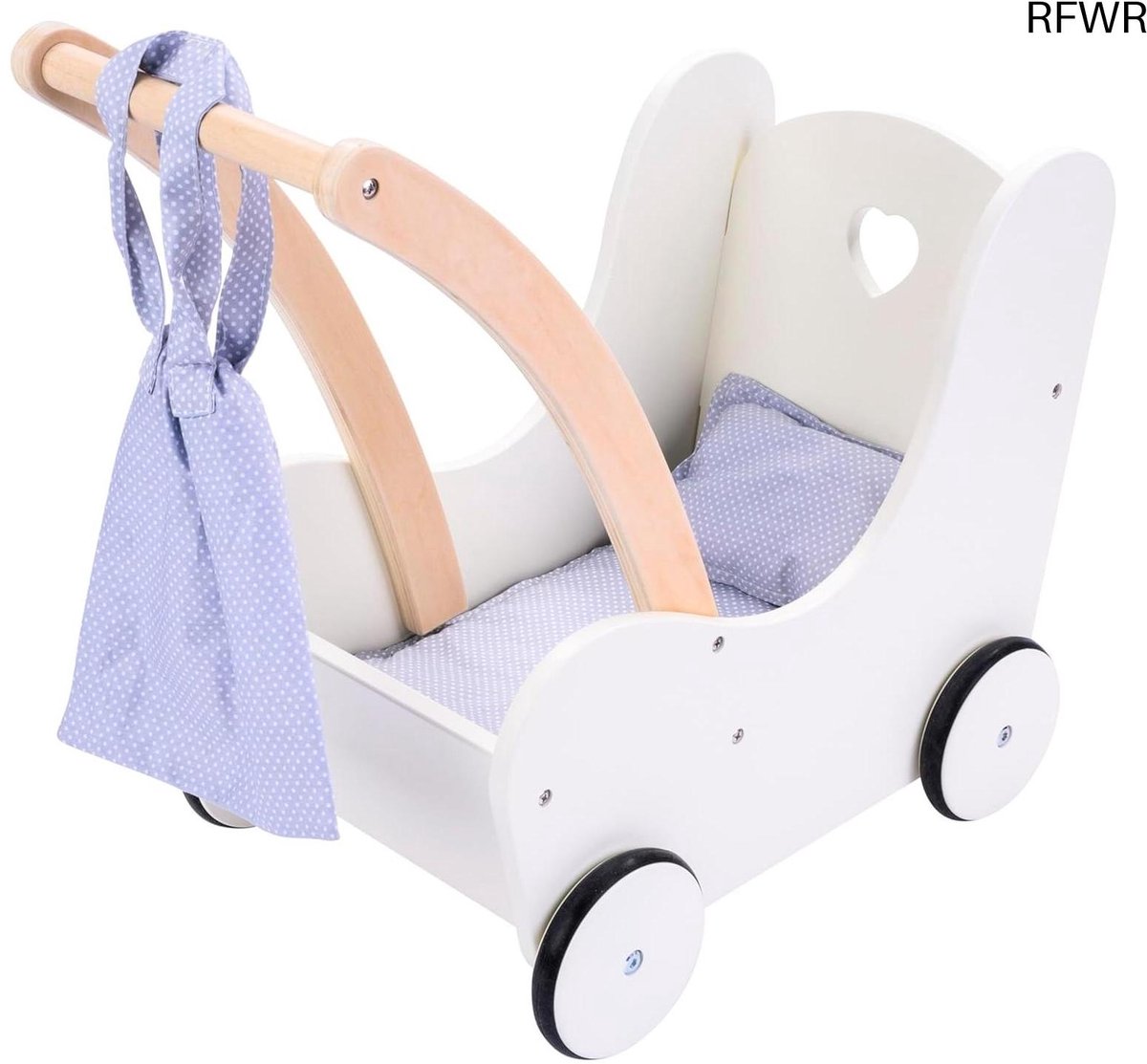 RFWR® Elegante Houten Poppenwagen voor Kinderen - Grijs en Wit - 50 x 28 x 46 cm - Geschikt voor 3 Jaar en Ouder