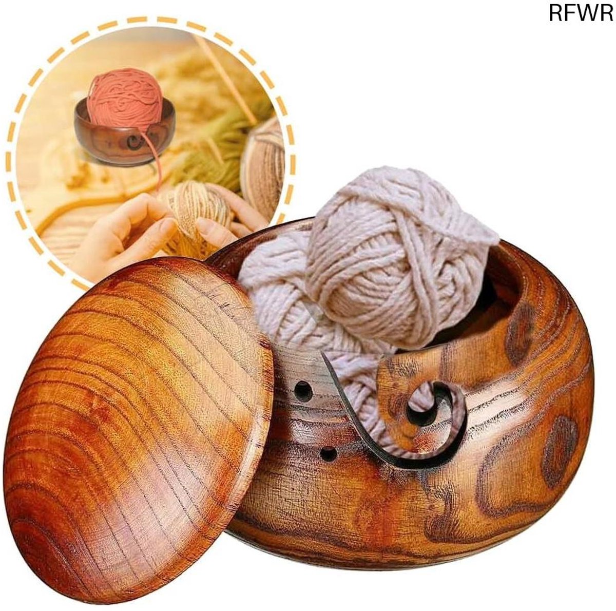 RFWR® Houten Garenkom voor Breien met Deksel - Handgemaakte Garenhouder voor Creatieve Projecten