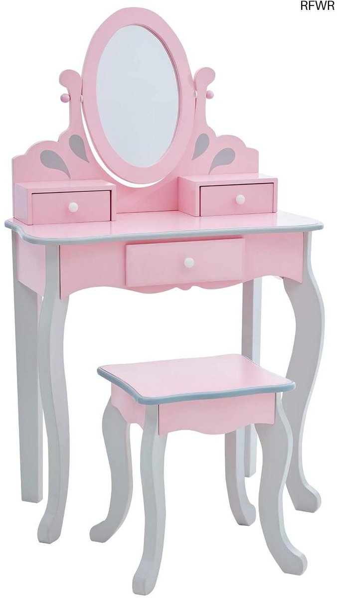 RFWR® Houten Kaptafel Set voor Kinderen - Make-Up Tafel met Spiegel en Stoel - Roze/Grijs