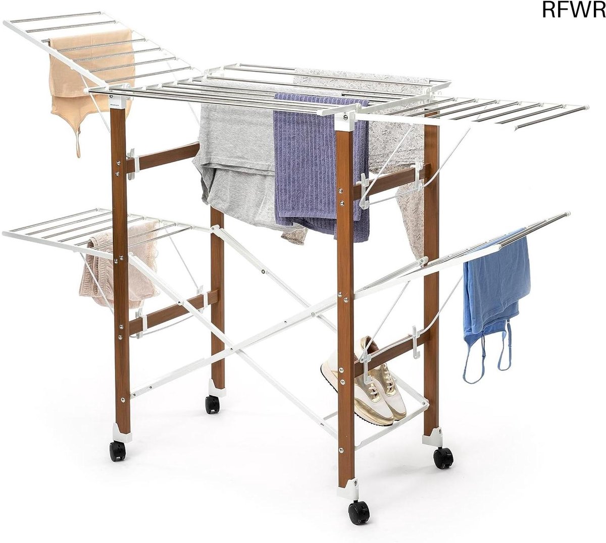 RFWR® Inklapbaar Droogrek met Wielen - Ruimtebesparend, Meerdere Posities en Schoenensteunen