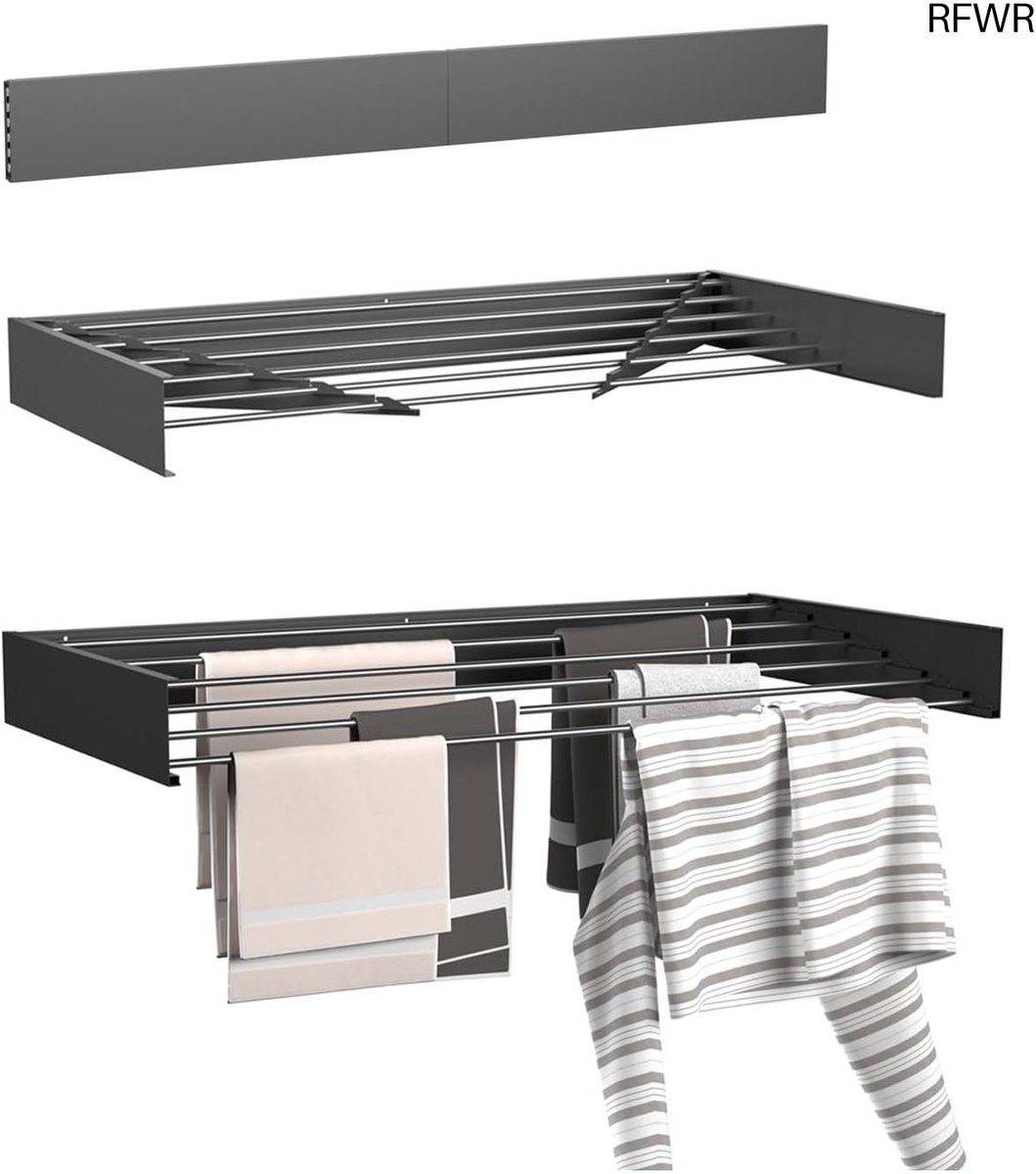 RFWR® Inklapbaar Wanddroogrek - 100 cm - 6 Meter Drooglengte - Muurmontage Droogrek voor Binnen en Buiten - Zwart