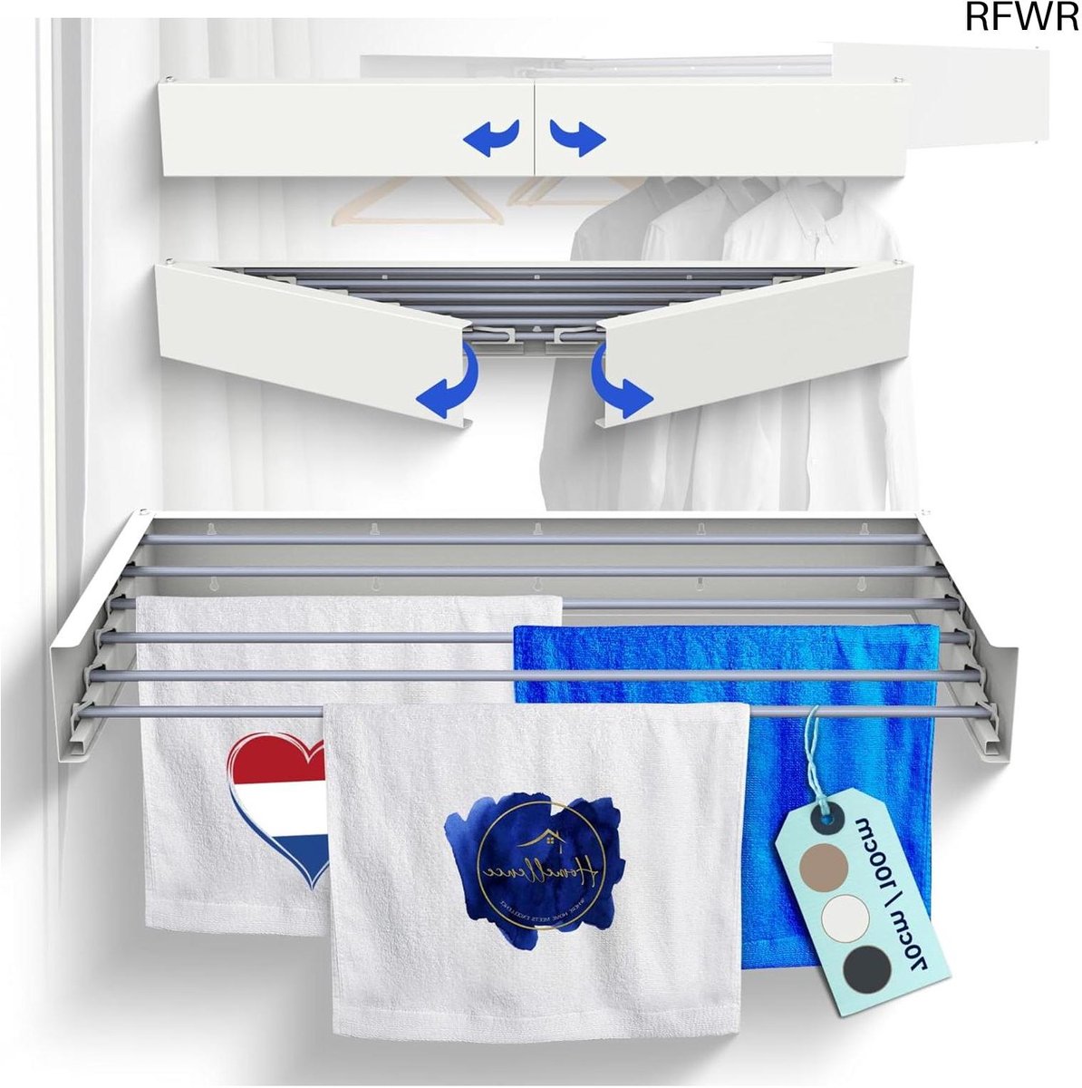 RFWR® Inklapbaar Wanddroogrek - Elegant Ruimtebesparend Droogrek voor Wandmontage - Totale Drooglengte van 6 Meter