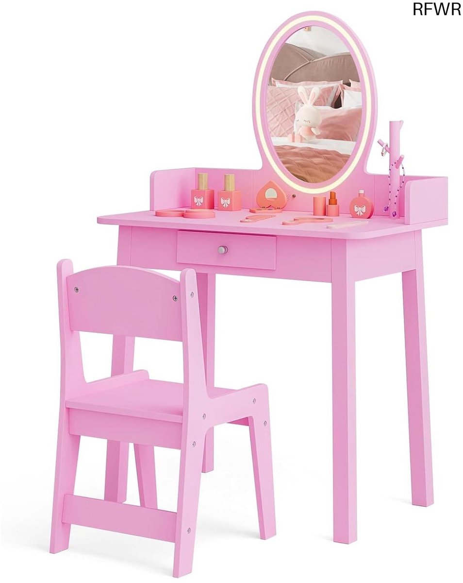 RFWR® Make-uptafel voor Kinderen met Stoel en LED Spiegel - Bureauset voor Meisjes van 3 tot 8 Jaar