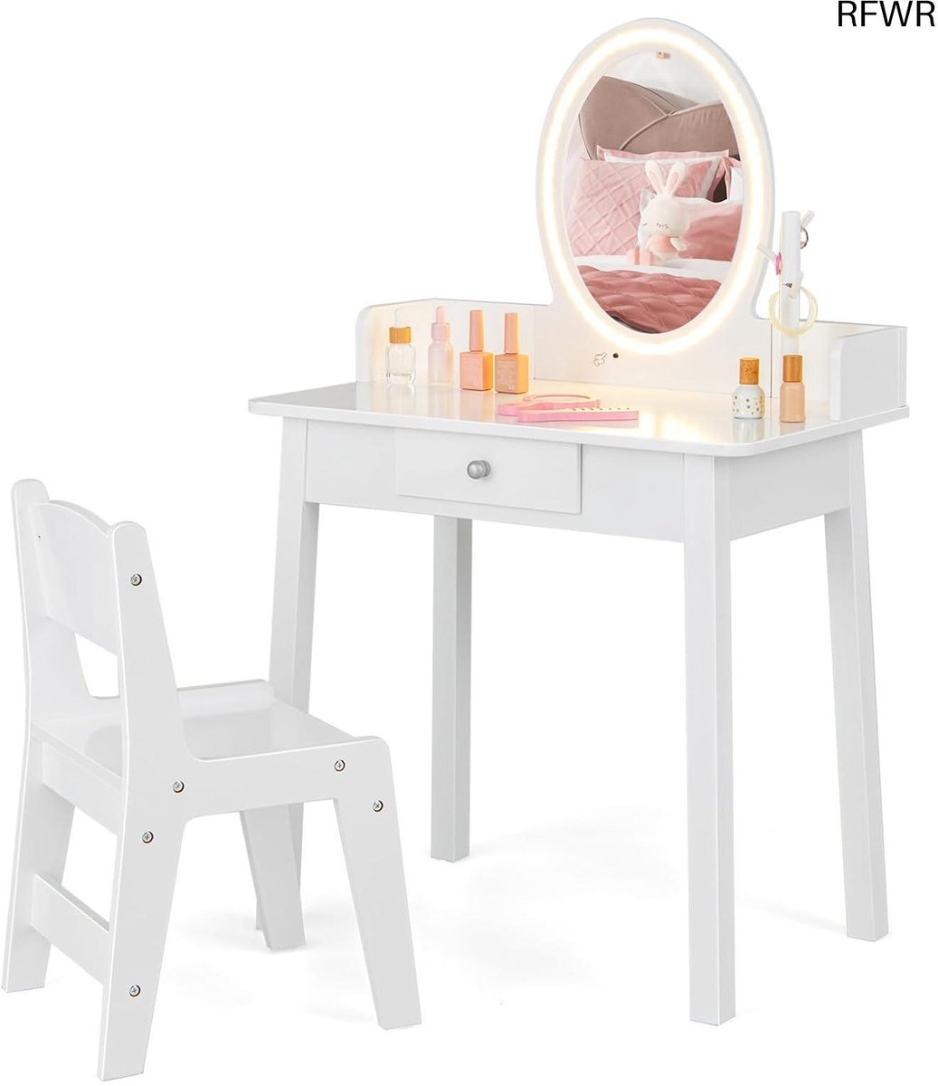 RFWR® Make-uptafel voor kinderen met spiegel en ledverlichting - 2-in-1 bureau en kaptafel voor meisjes (3-8 jaar)