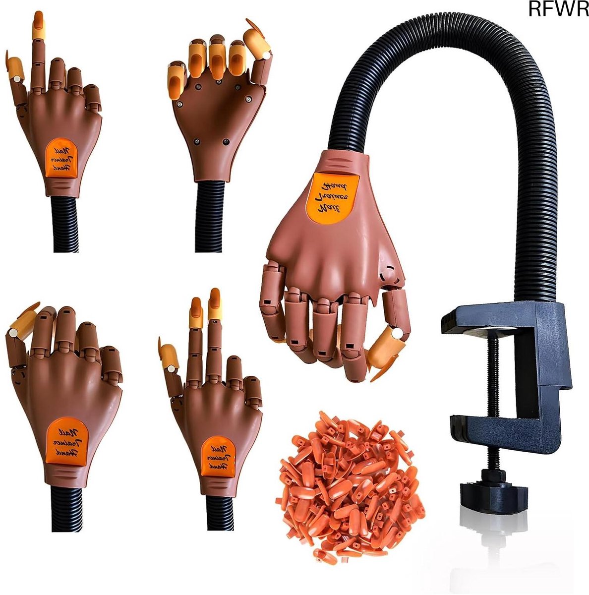 RFWR® Oefenhand voor Acrylnagels met 100 Nageltips - Flexibele Nephand met Buigbare Gewrichten voor Beginners