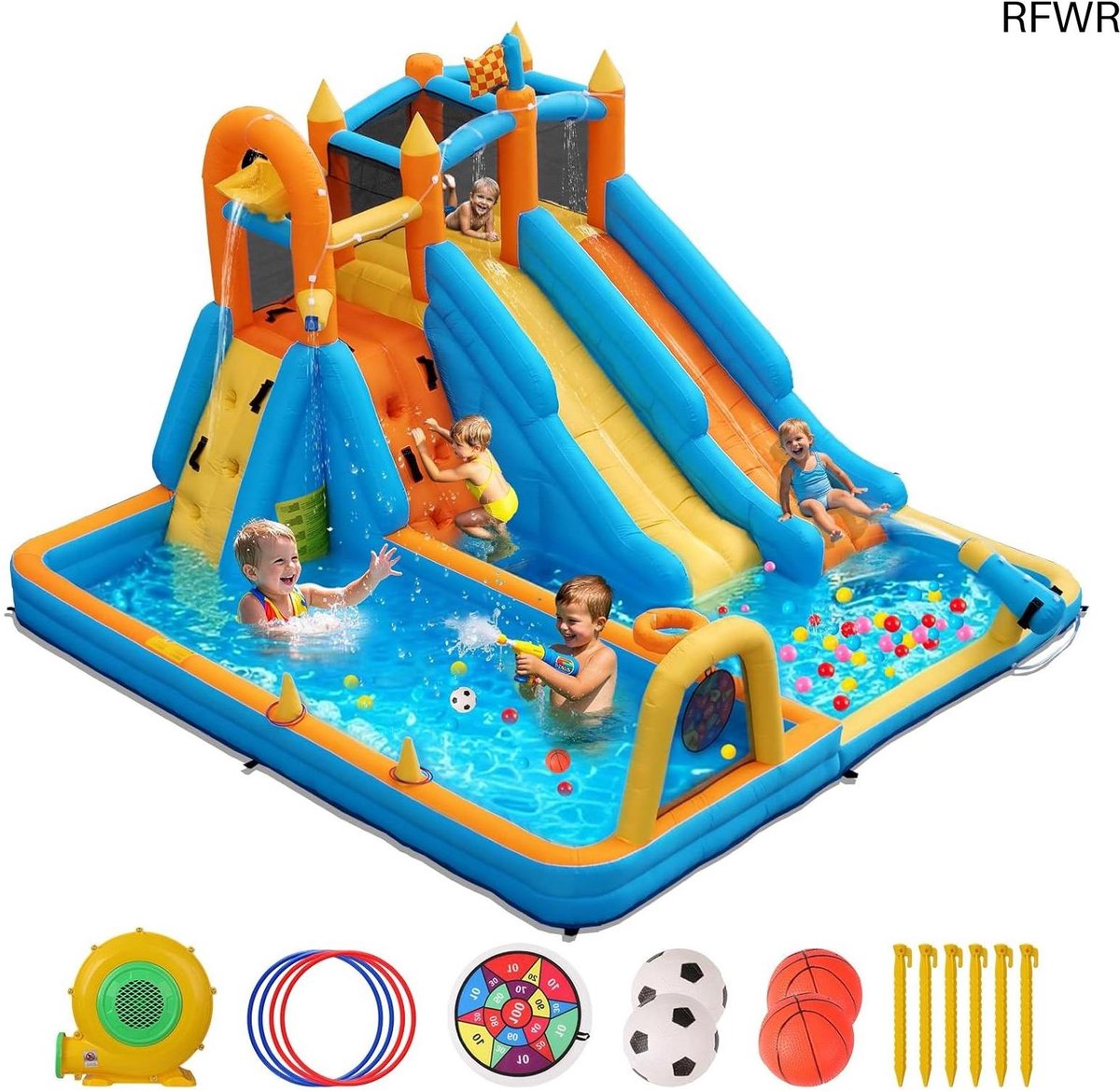  ® Opblaasbaar Springkasteel met Glijbanen en Basketbalkorf voor Kinderen - Perfect voor Tuinfeesten