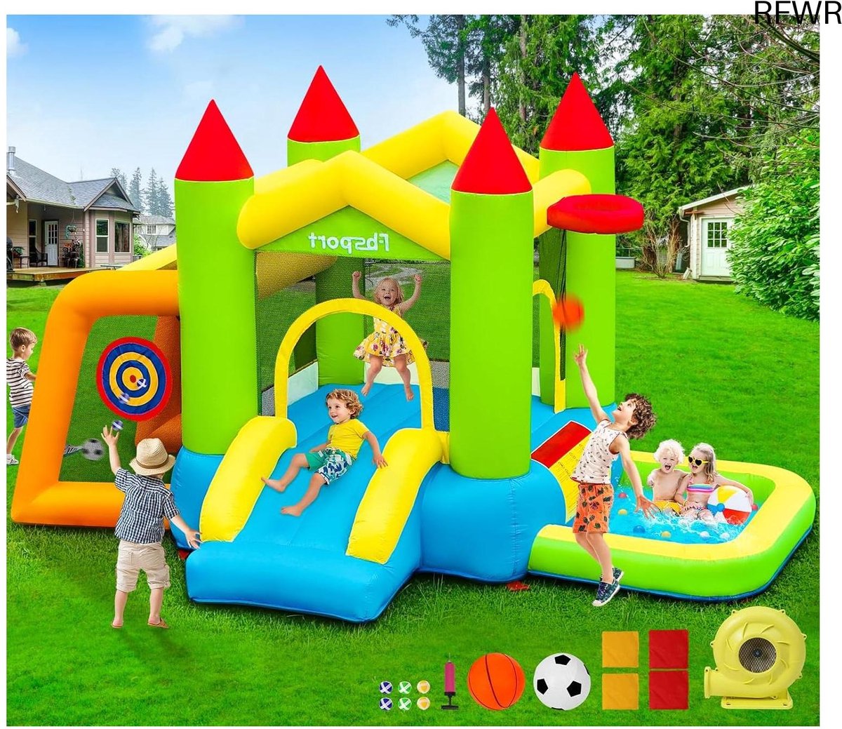  ® Opblaasbaar Springkasteel voor Kinderen met Glijbaan en Verschillende Speelzones