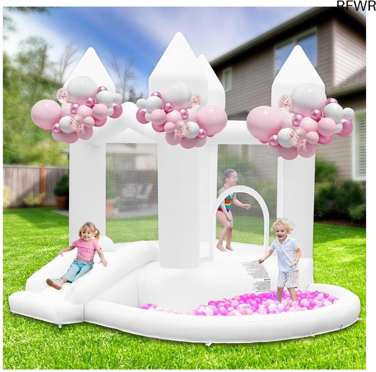  ® Opblaasbaar kinderkasteel met glijbaan en ballenbad voor kinderen van 3-10 jaar, ideaal voor feestjes en tuinactiviteiten