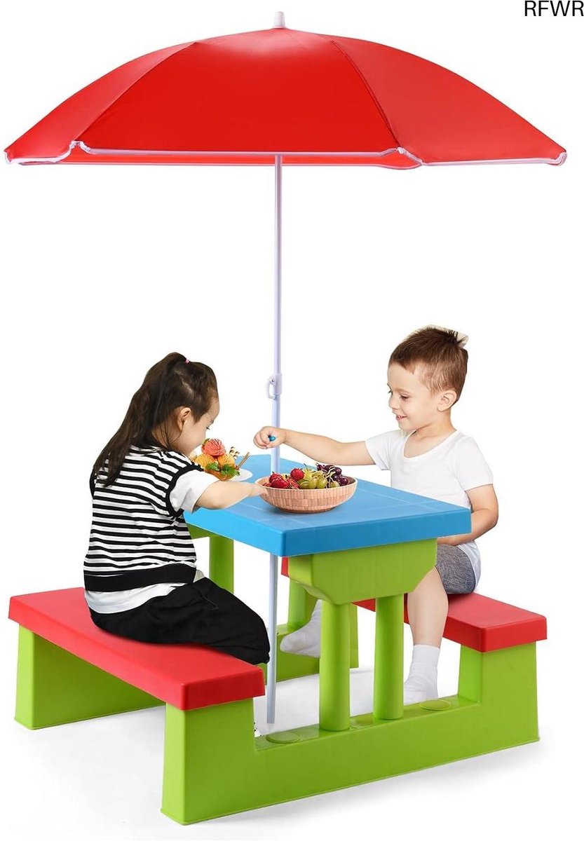 RFWR® Picknicktafelset voor Kinderen met Inklapbare Parasol - Geschikt voor Buiten en Binnen, 4 Persoons