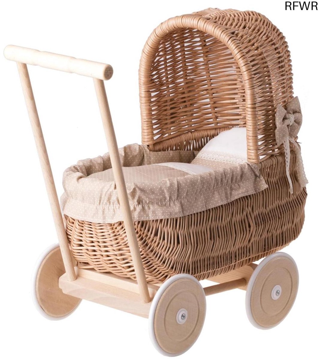 RFWR® Poppenwagen van Wilg met Gevoerde Beddengoed voor Kinderen