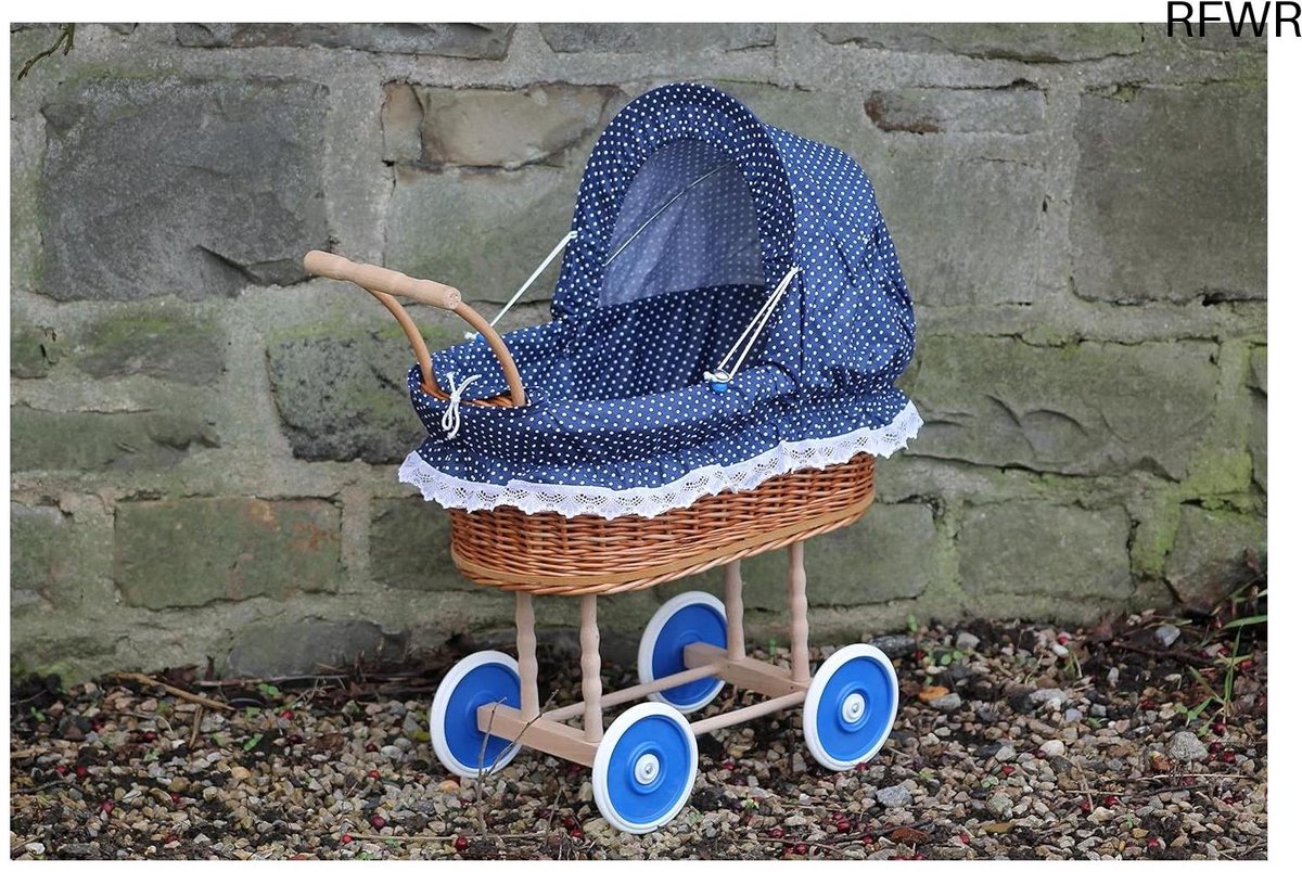  ®   van wilgentenen met blauwe stippen en houten handvat - Extra stabiel en inklapbare kap