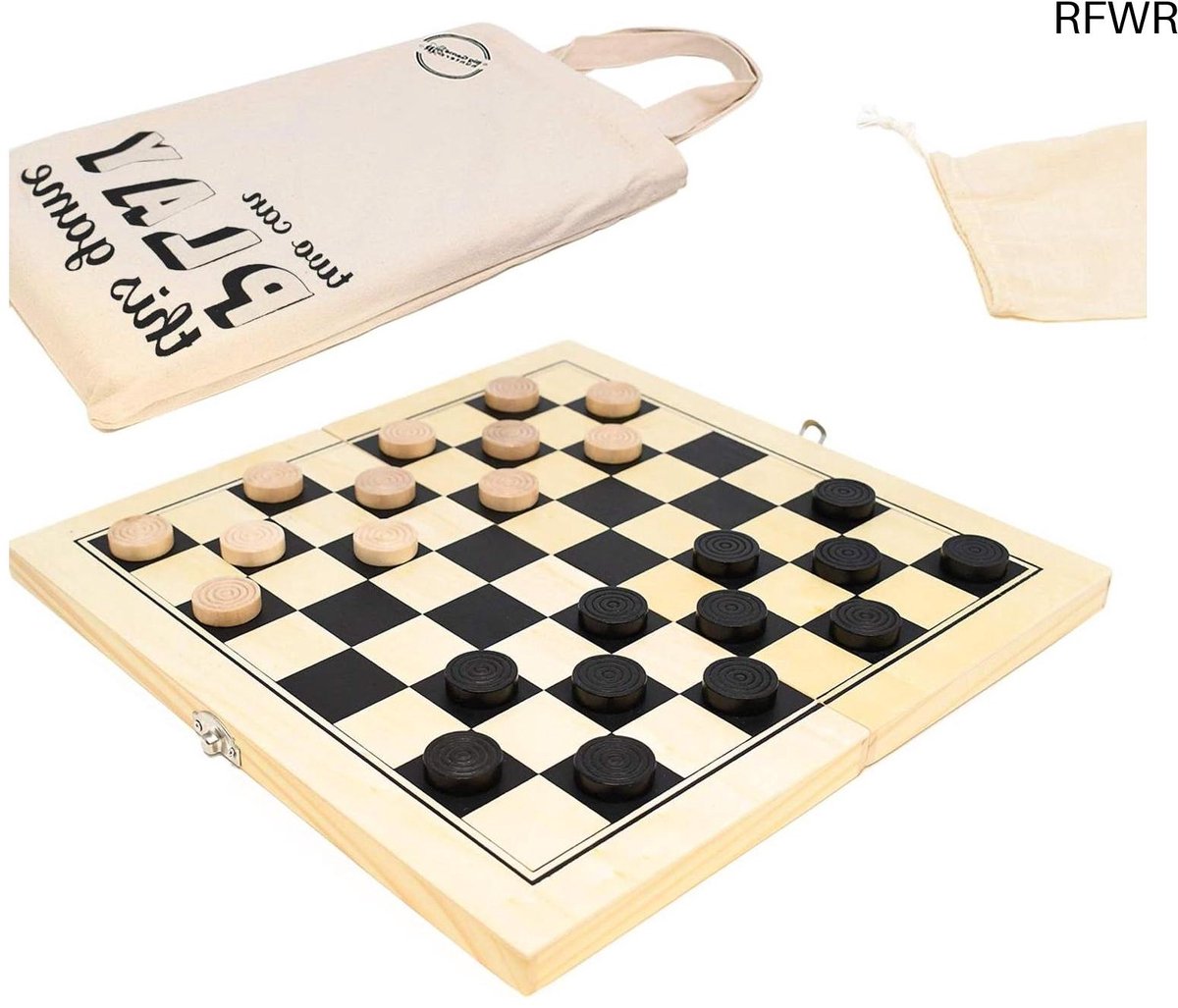  ® Reistochtset voor dammen met vouwbord en katoenen tas - 30 x 30 cm