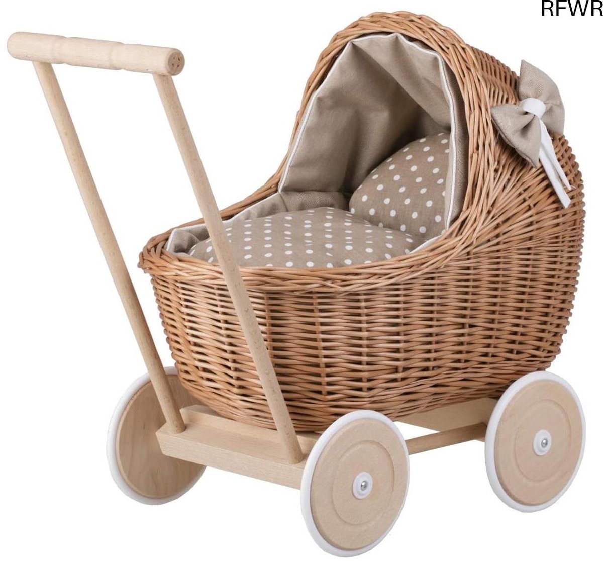 RFWR® Rieten poppenwagen met bedlinnen voor kinderen