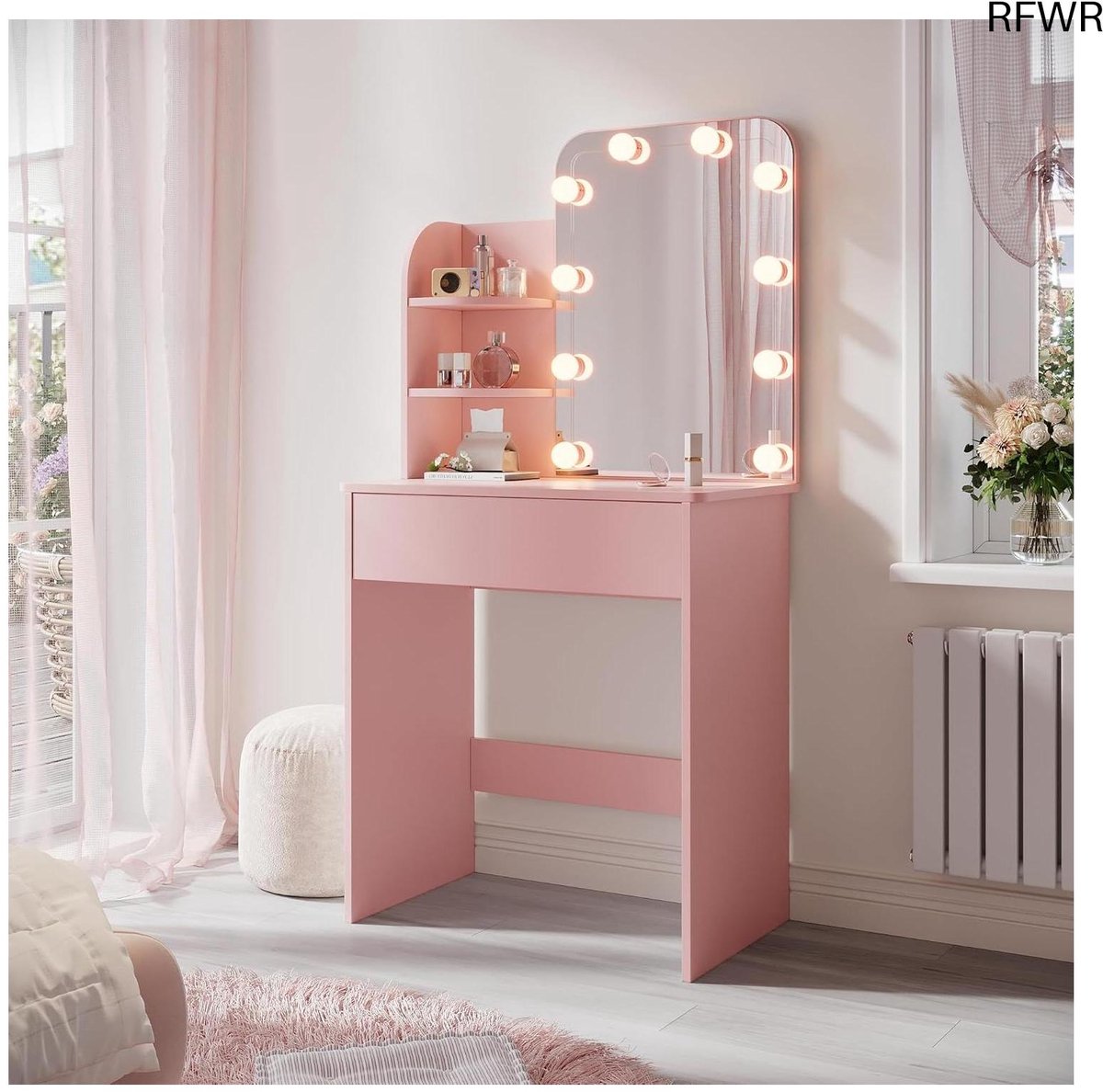 RFWR® Roze Make-uptafel voor Kinderen met Ledverlichting en Spiegel