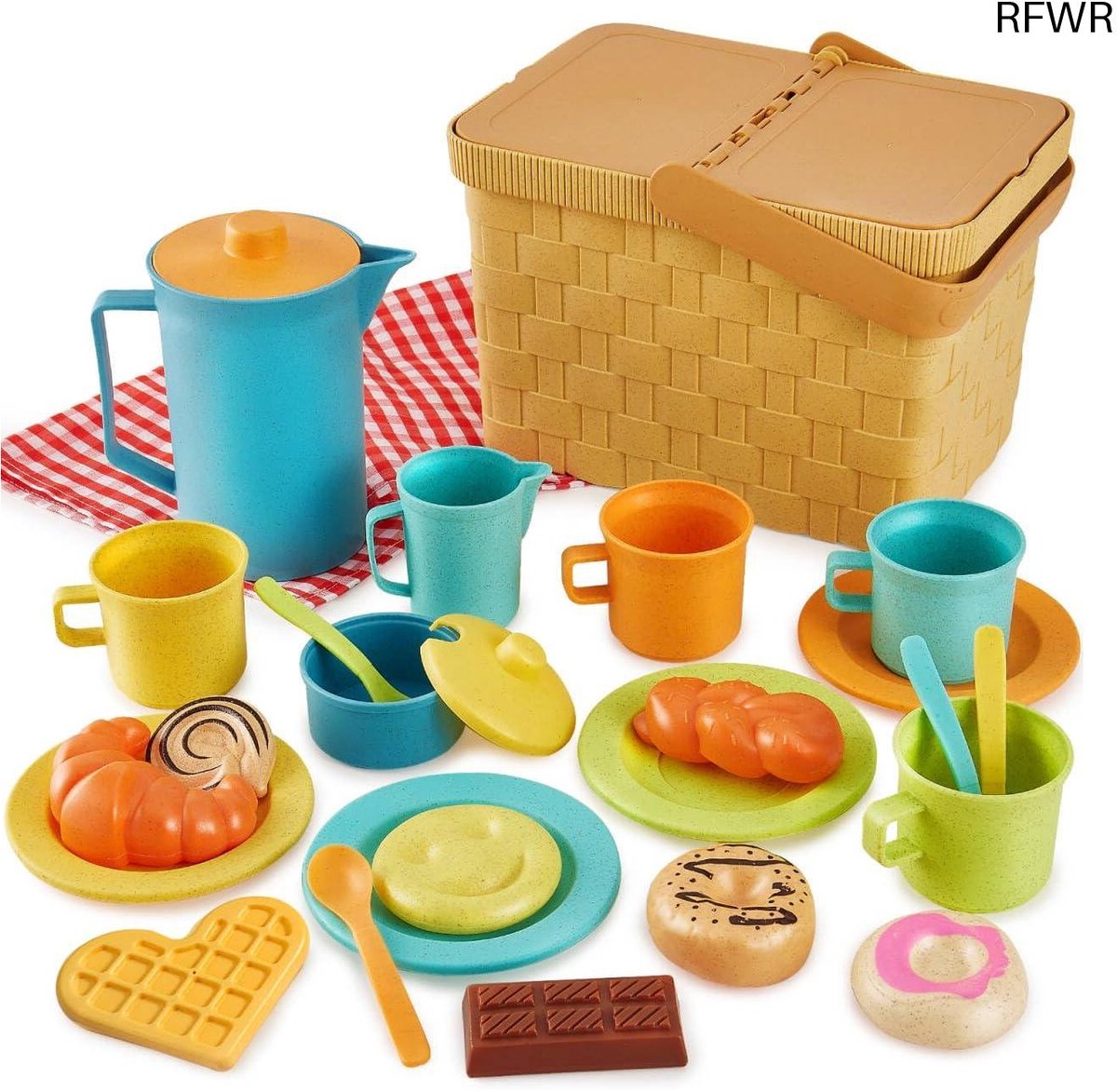 RFWR® Speelgoed Theekransje Set voor Kinderen - Picknick Speelset met Mand en Mat - Rollenspel Eten voor Peuters en Jonge Kinderen