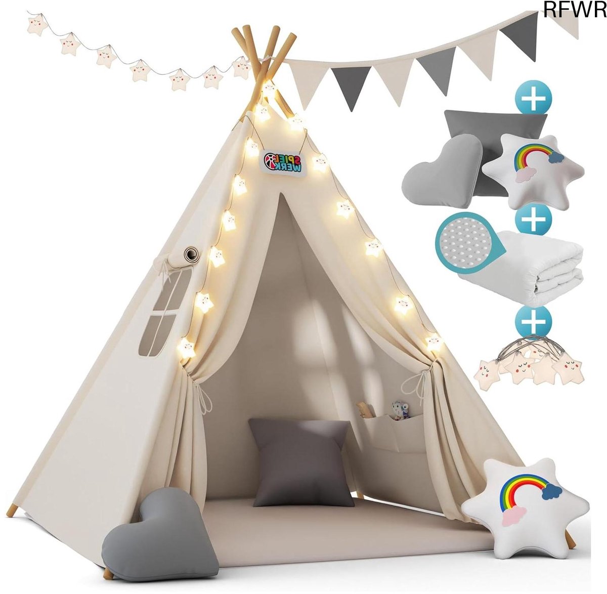  ®   voor Kinderen Tipi Wigwam met Kussens en Lichtjes - 130x130x160cm