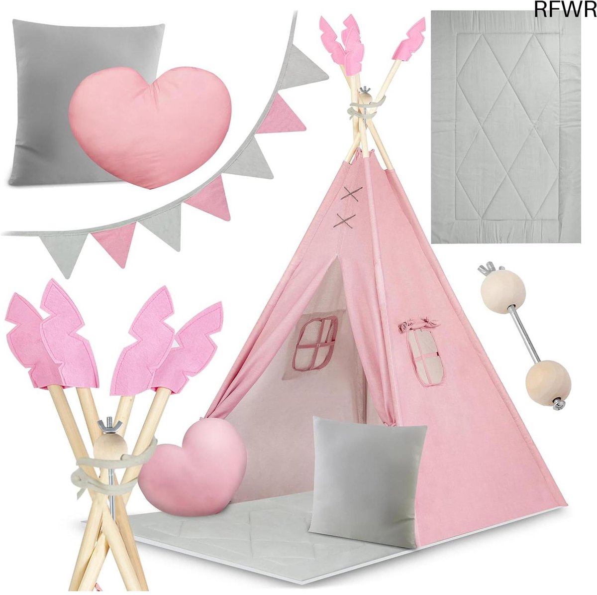 RFWR® Tipi Tent voor Kinderen met Kussens en Mat - Roze