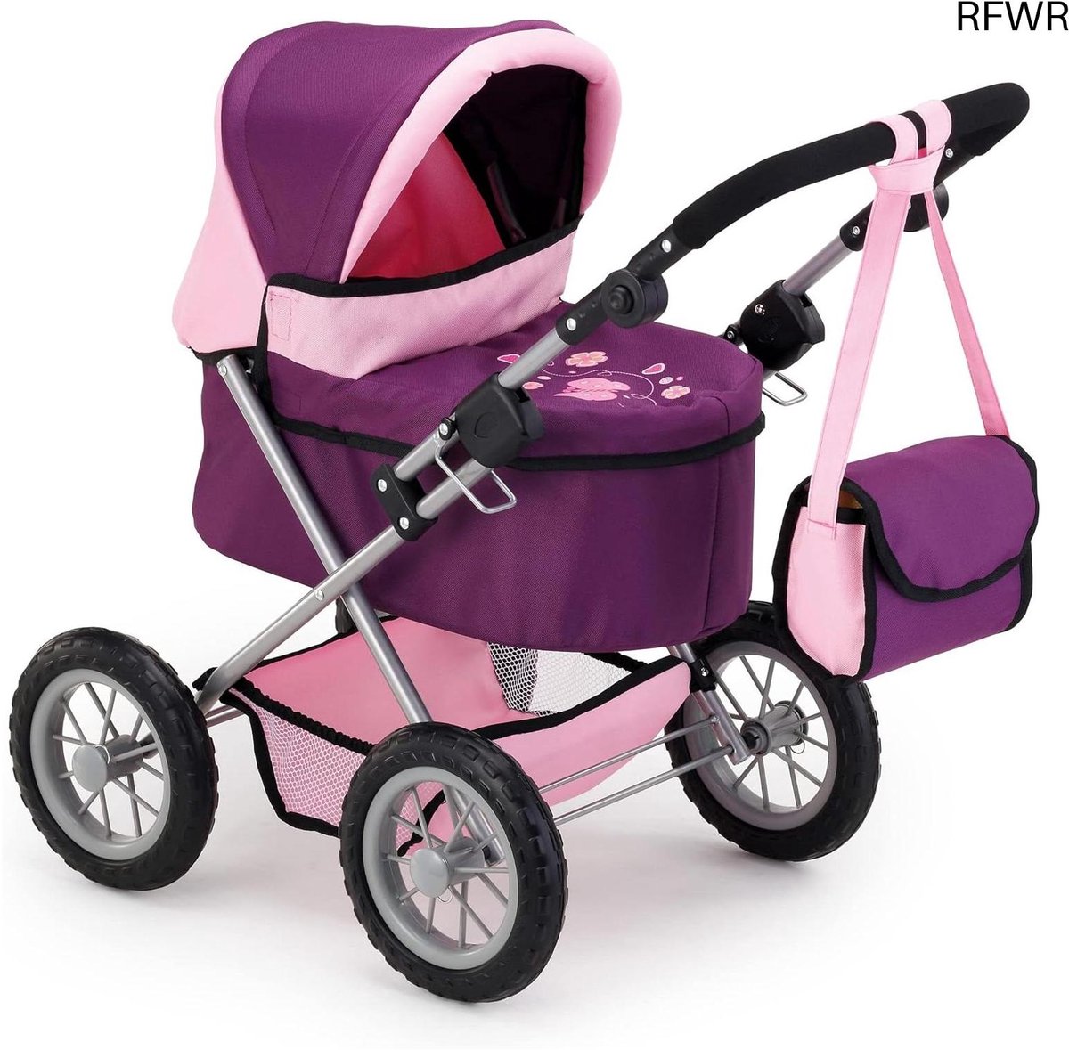 RFWR® Trendy Poppenwagen met verstelbare Duwstang en Tas in plum