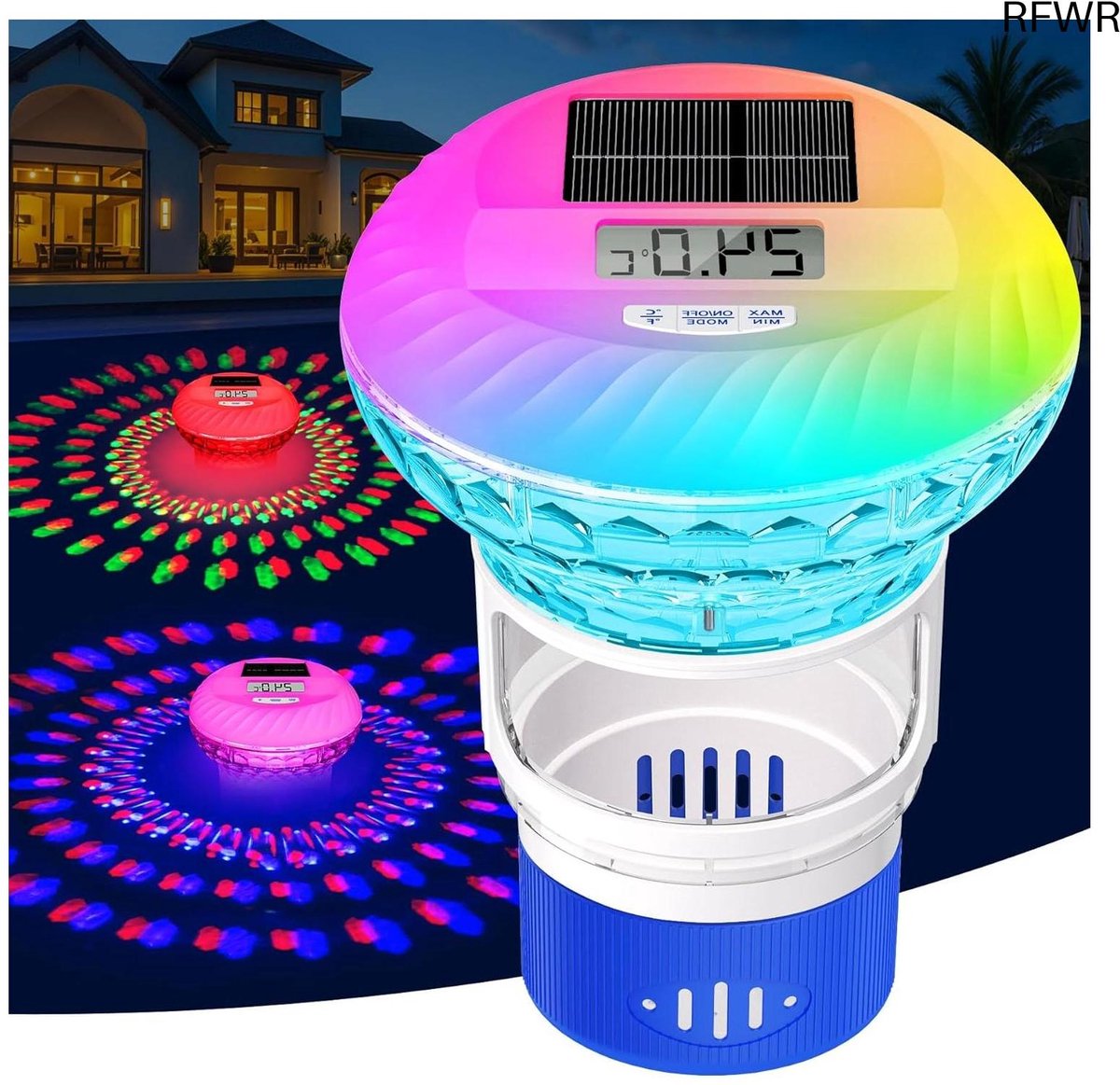 RFWR® Zonne-energie Doseerdrijver voor Zwembad met Kleurrijke Lichten en Knopbediening