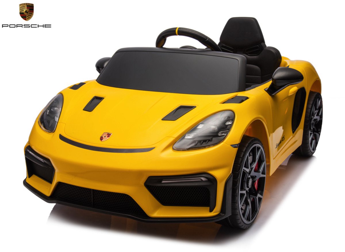 Porsche Spyder RS Geel, 12 volt Kinder Accu Auto, rubberen banden, leder zitje en meer!