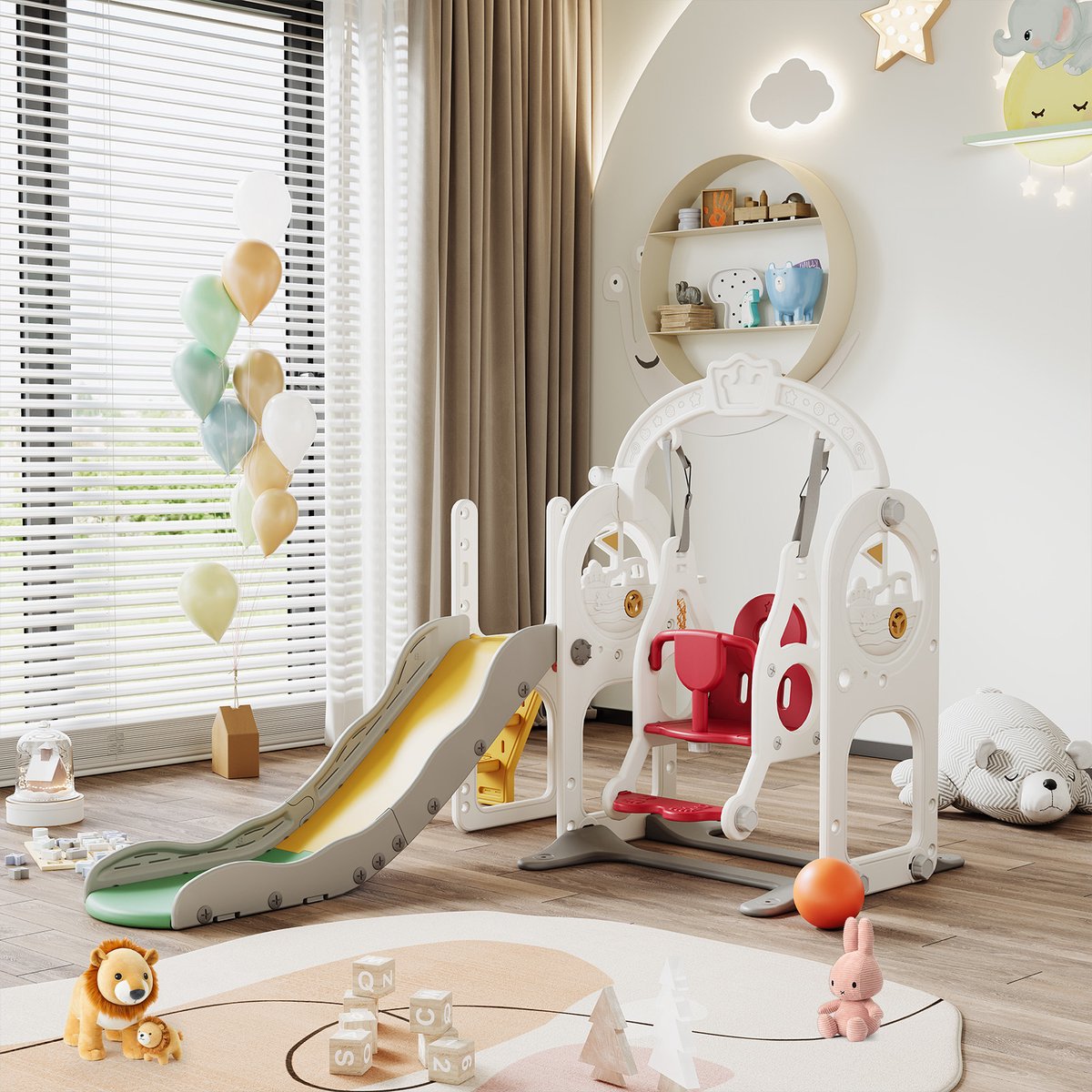 Kinderschommelglijbaan, 6-in-1 buiten- en binnenglijbaan met schommel, klimrek, traploop, vrijstaande glijbaan, voor kinderen, meisjes, jongens (piratenschippatroon)