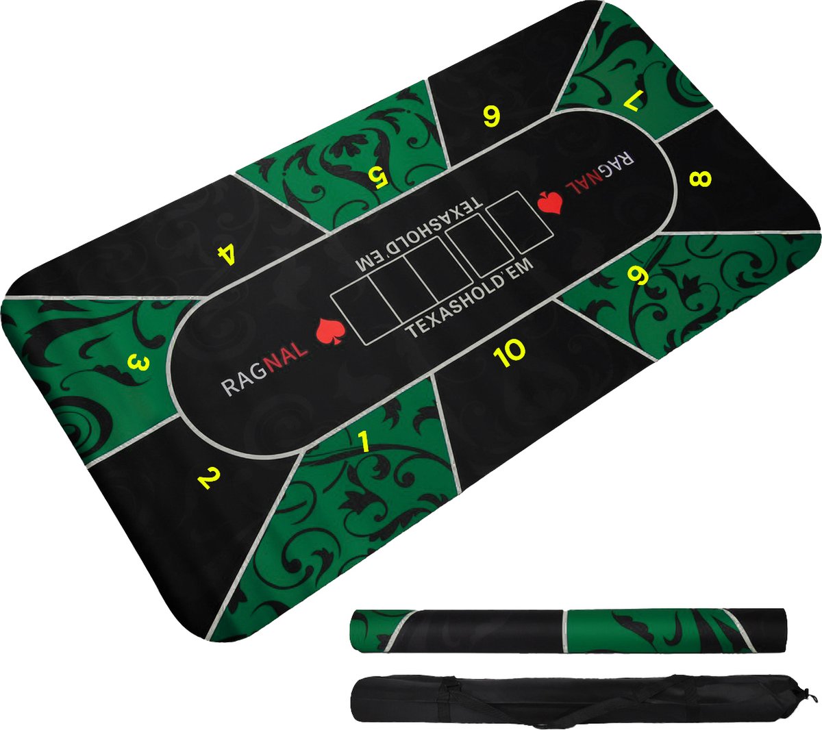 Pokermat -   - 120 x 60 cm - Oprolbaar Antislip Pokerkleed - Pokerset - Kaartkleed - Pokerkleed - 2 tot 10 personen - Incl. Draagtas en Goudkleurige pokerkaarten - Groen/Zwart