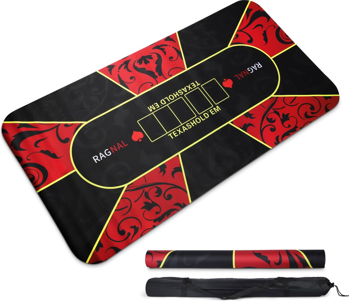 Pokermat -   - 180 x 90 cm - Oprolbaar Antislip Pokerkleed - Pokerset - Kaartkleed - Pokerkleed - 2 tot 10 personen - Incl. Draagtas en Goudkleurige pokerkaarten - Rood/Zwart