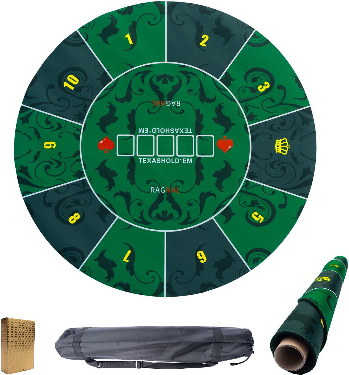 Pokermat -   - Rond 60 cm - Oprolbaar Antislip Pokerkleed - Pokerset - Kaartkleed - 2 tot 10 personen - Incl. Draagtas en Goudkleurige pokerkaarten - Groen/Zwart