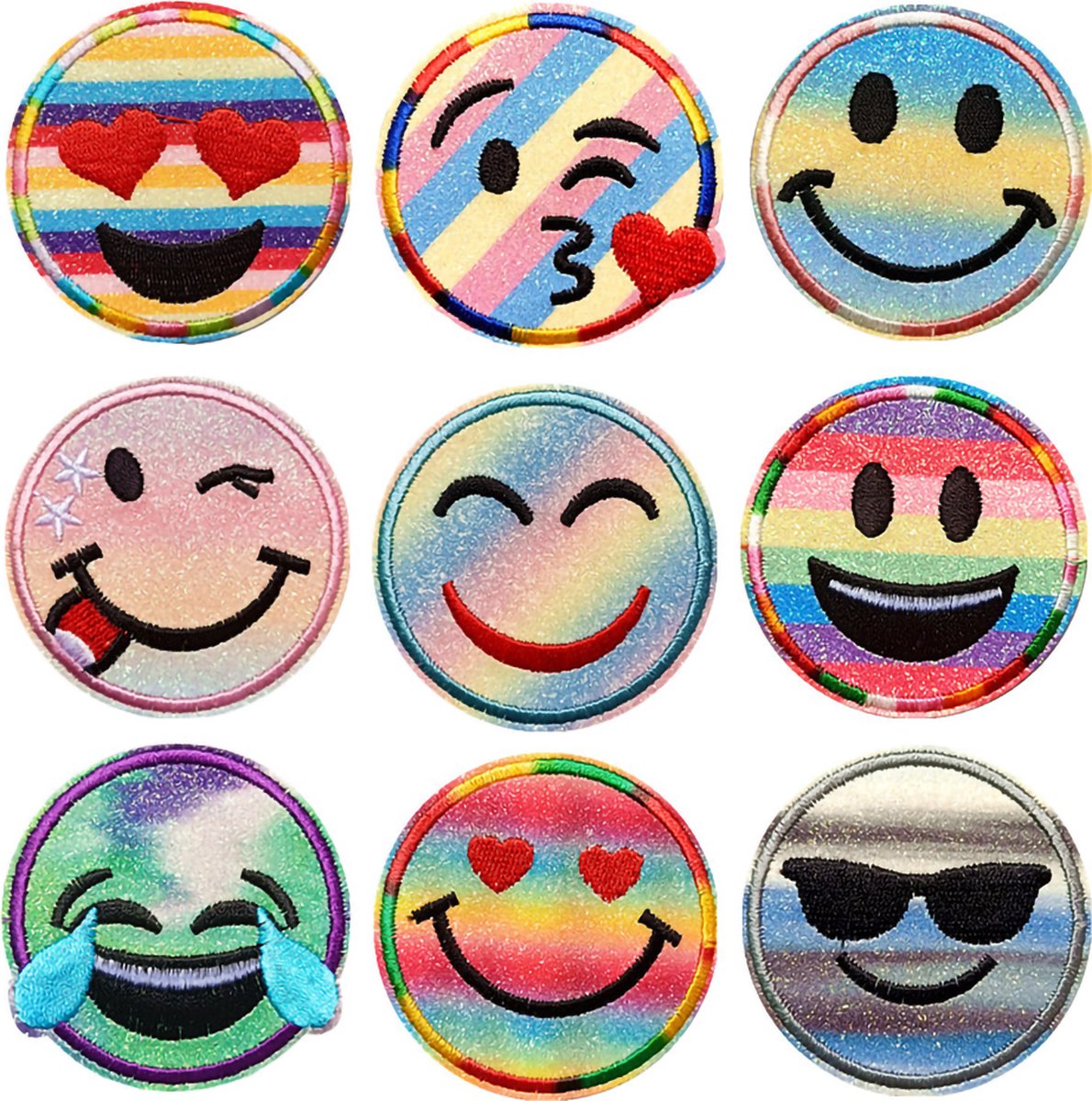 Kleding Patchs - Kleurrijk smileygezicht met glitters 9 delige set - Patches - Strijk Embleem - stof & strijk applicatie - Versiering Voor Kleding