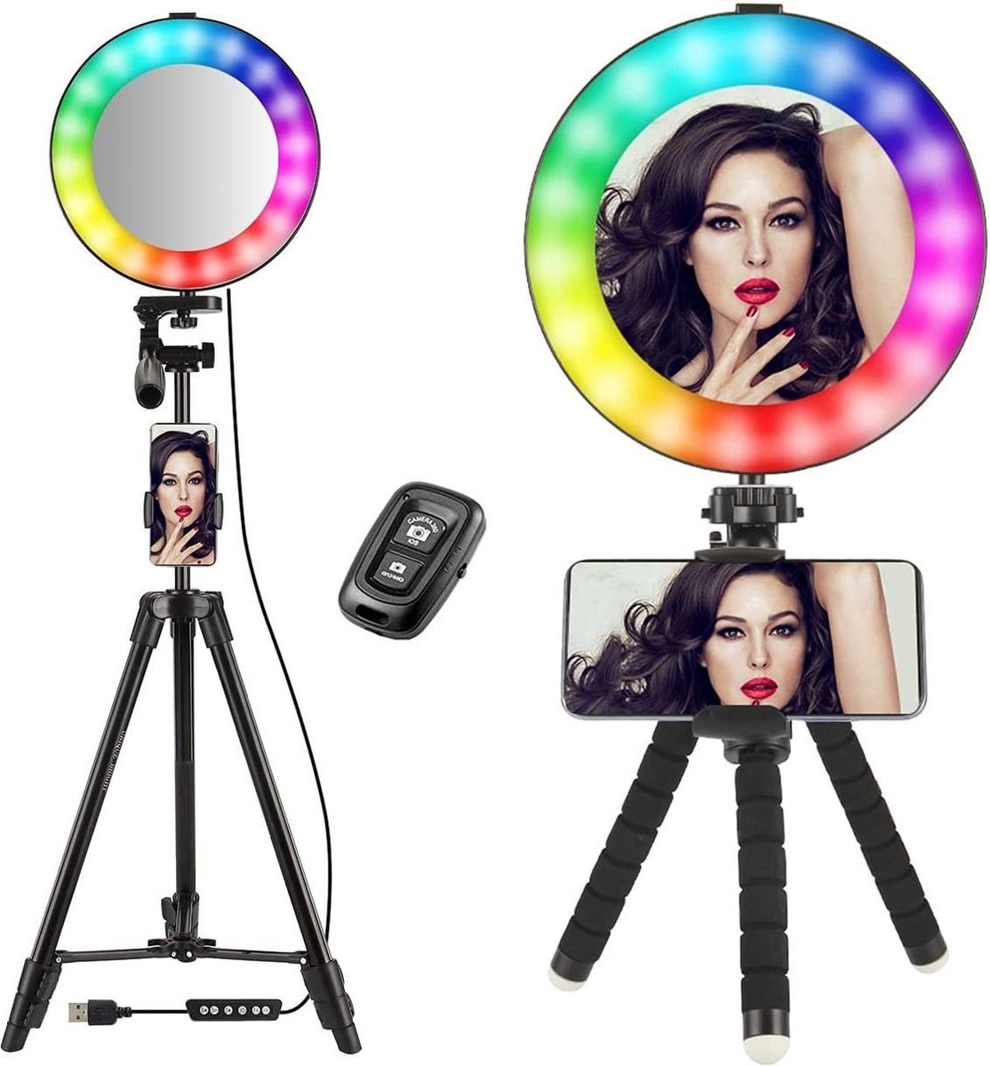  -Light 14 Awasome RGB-kleuren Make-up Cirkellicht Superheldere camerafotografieverlichting met 10 helderheid Dimbare LED-lampjes voor livestreaming, YouTube, kunstenaarsvloggers