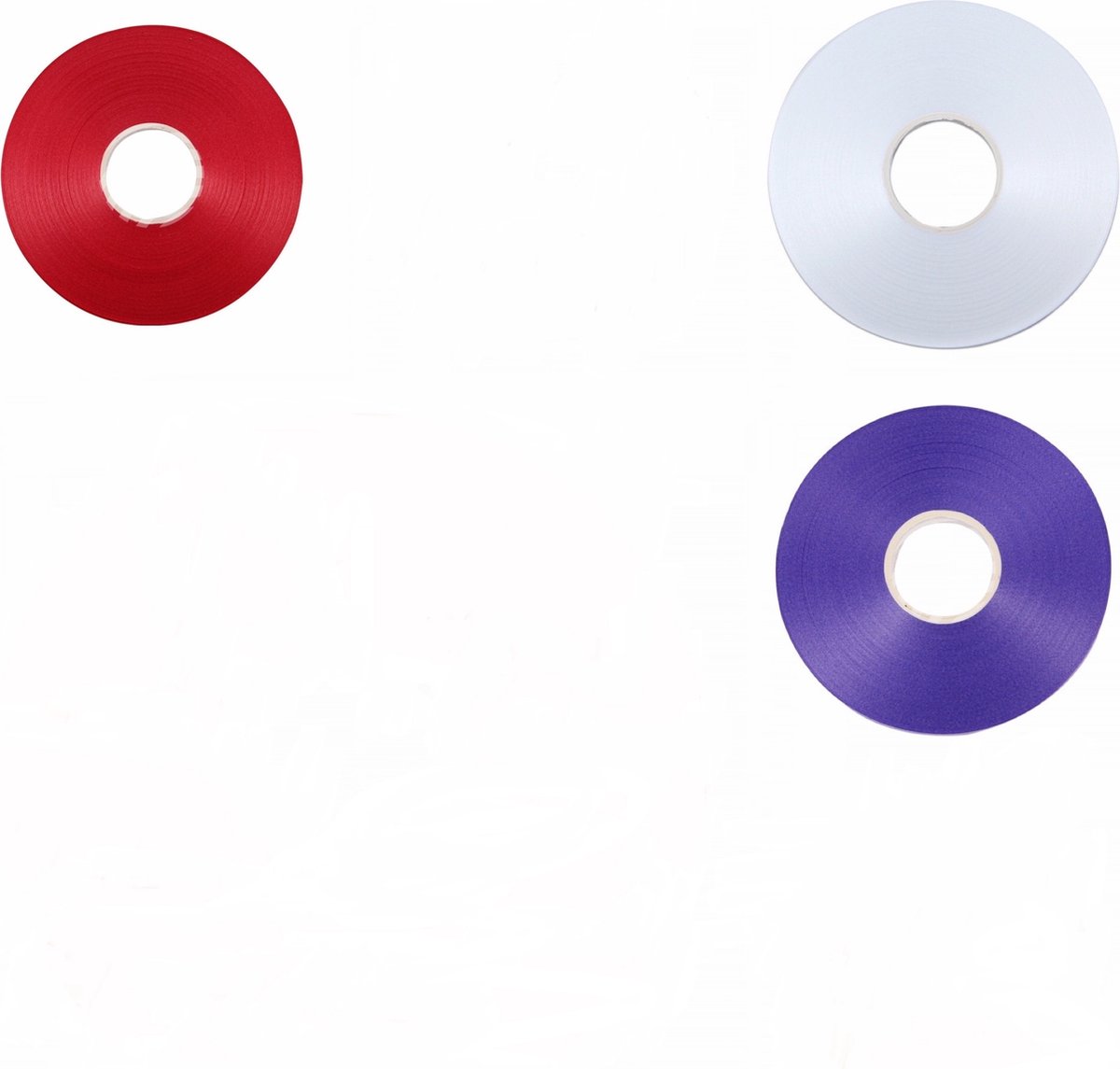 3 Platte rollen cadeaulint/krullint/ballonlint - 5 mm. - 50 meter - Rood/Wit/Blauw - In blisterverpakking