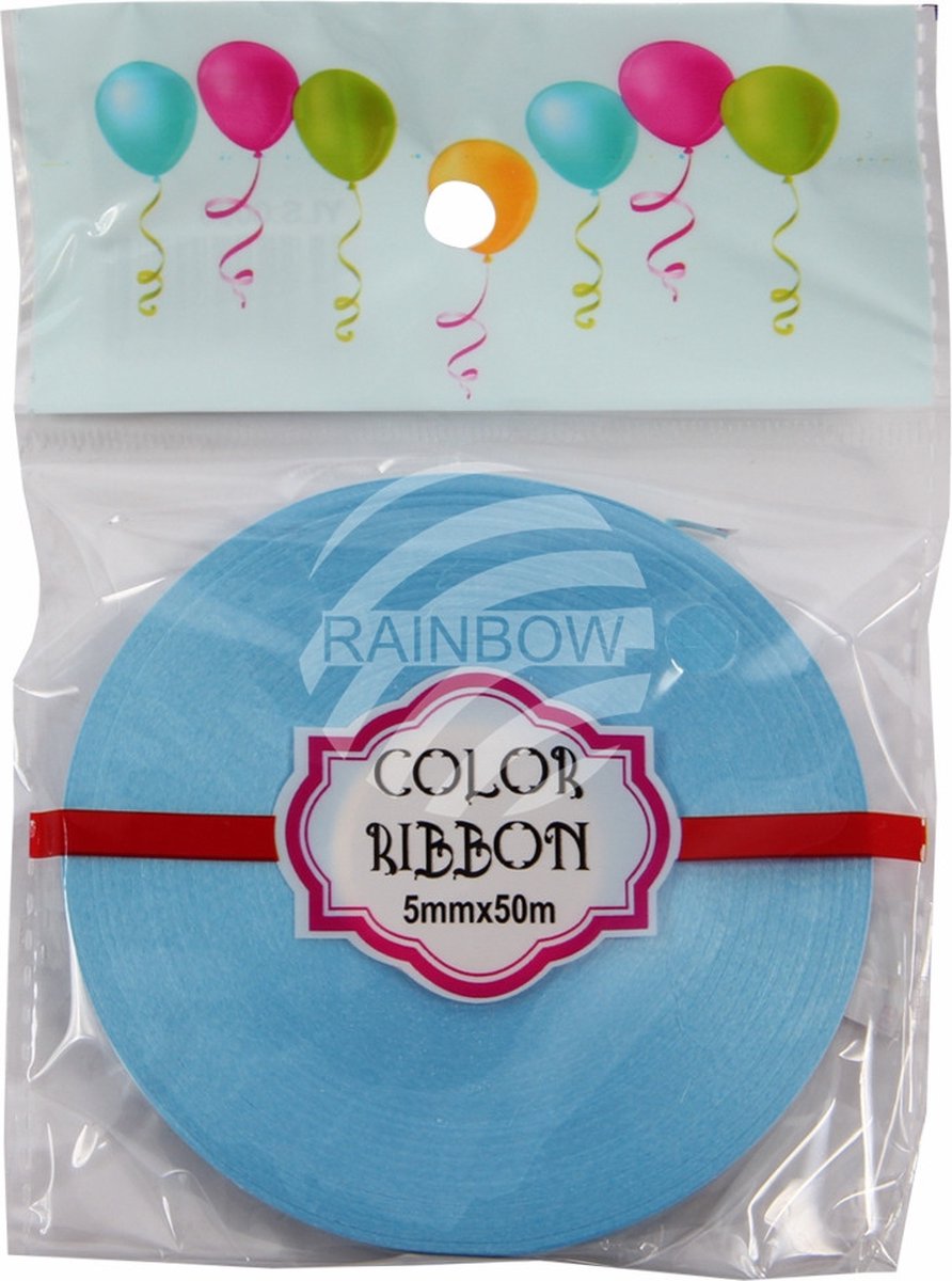 Licht Blauw cadeaulint/krullint/ballonlint - 5 mm. - 50 meter - 1 platte rol in blisterverpakking