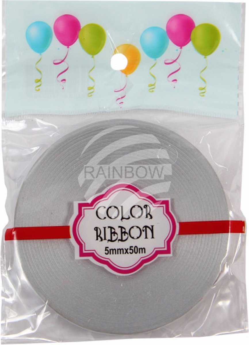 Zilver Grijs cadeaulint/krullint/ballonlint - 5 mm. - 50 meter - 1 platte rol in blisterverpakking