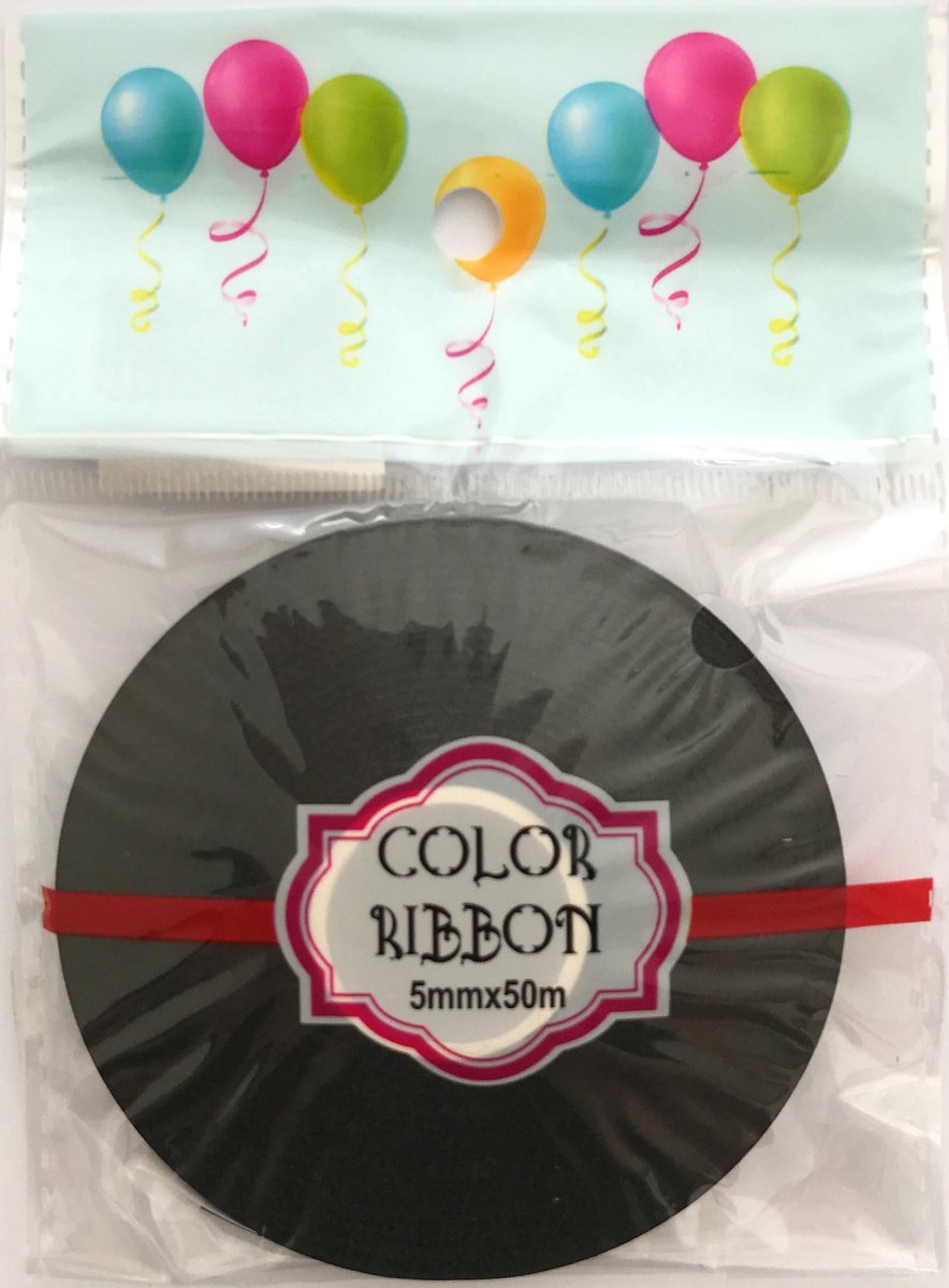 Zwart cadeaulint/krullint/ballonlint - 5 mm. - 50 meter - 1 rol in blisterverpakking