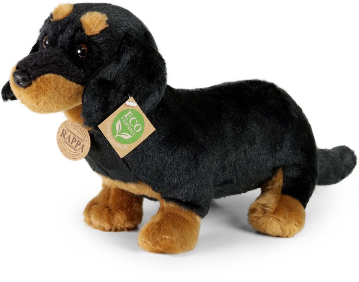 Rappa ECO knuffel Teckel 30 cm - realistische knuffel hond van recyclede PET flessen - zwart, bruin