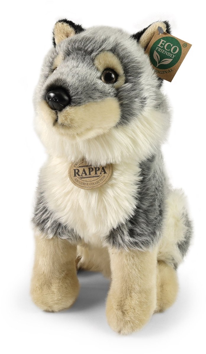 Rappa ECO knuffel wolf 28 cm - realistische knuffel van recyclede PET flessen - grijs wit